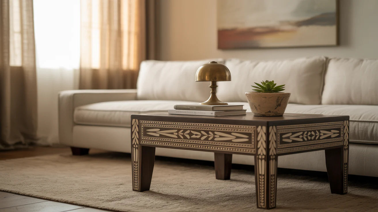 How To Style A Wooden Side Table With Bone Inlay Accents