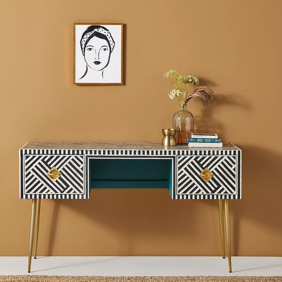 Ameerah Console Desk - Black & White Bone Inlay - Tabeer Homes
