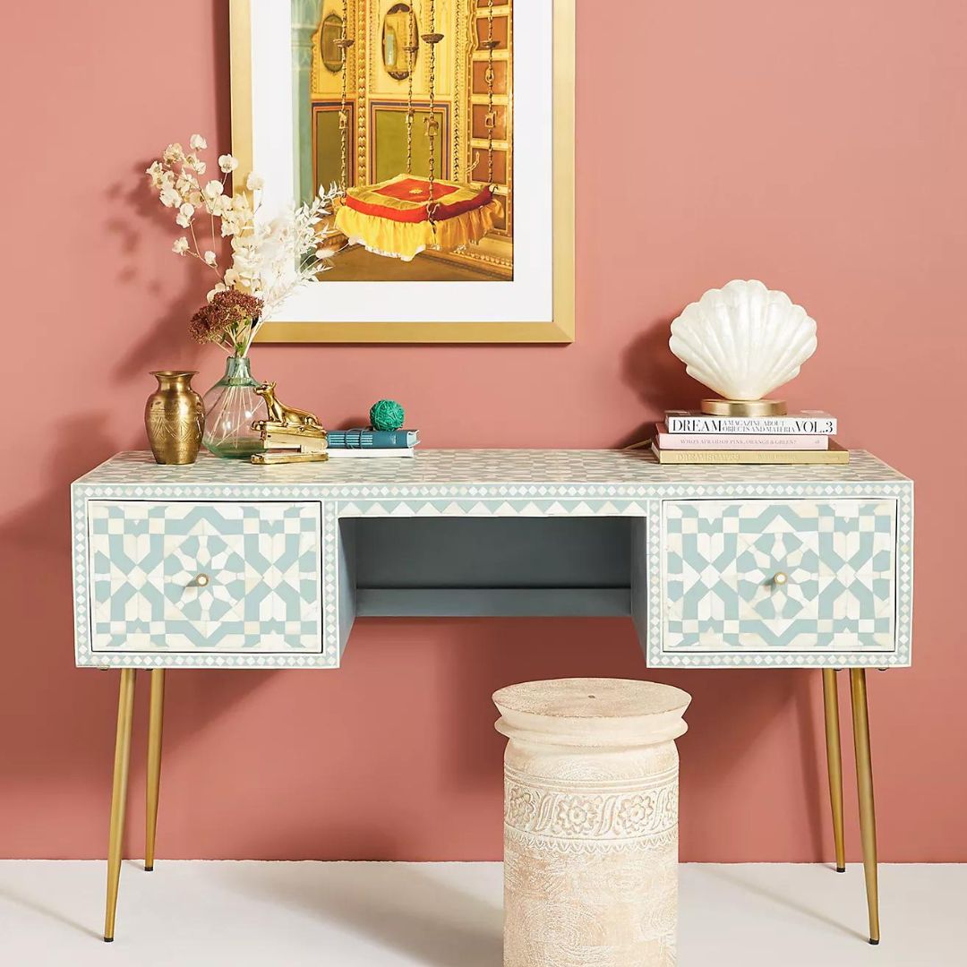 Taara Console Desk - Green Bone Inlay - Tabeer Homes