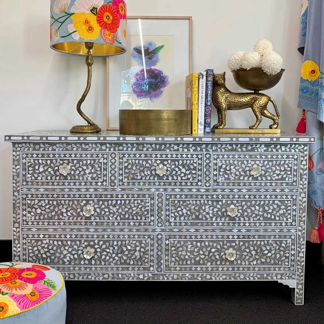 Iris Chest of Drawers - Grey Mother of Pearl Inlay - Tabeer Homes