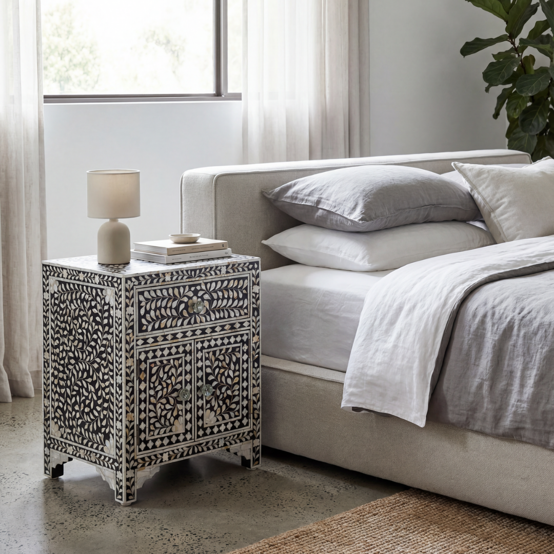 Iris Side Drawers – Black & White Mother of Pearl Inlay