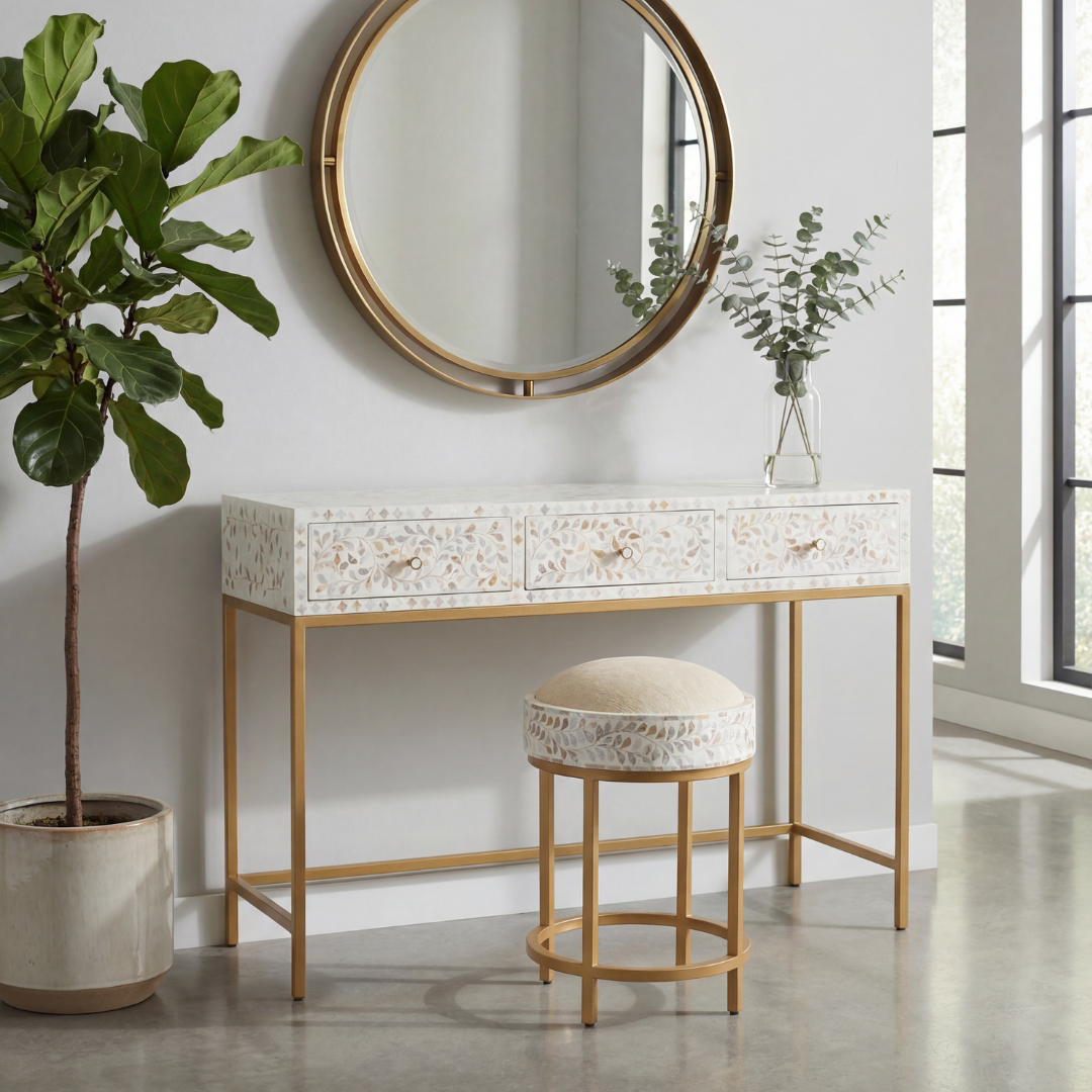Elegant white pearl dresser set with console and stool combo