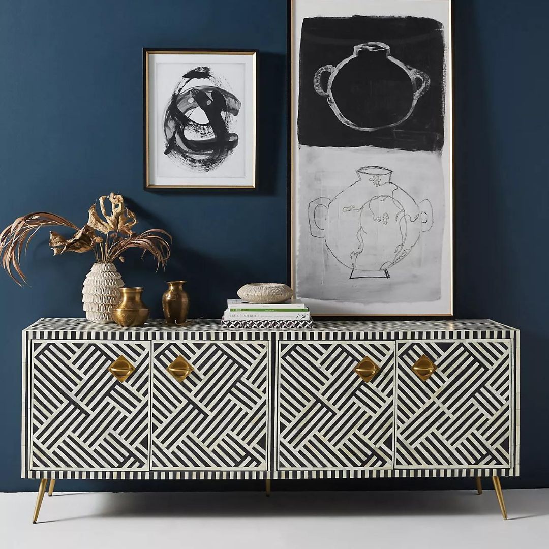 Ameerah TV Unit Cabinet - Black & White Bone Inlay - Tabeer Homes