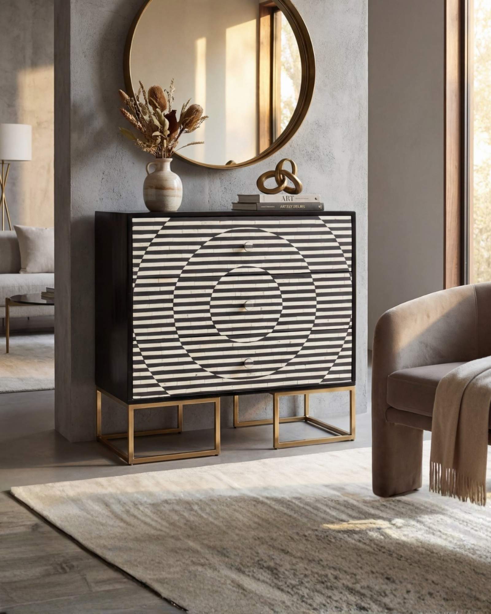 Black and white geometric bone inlay chest of drawers with gold base.