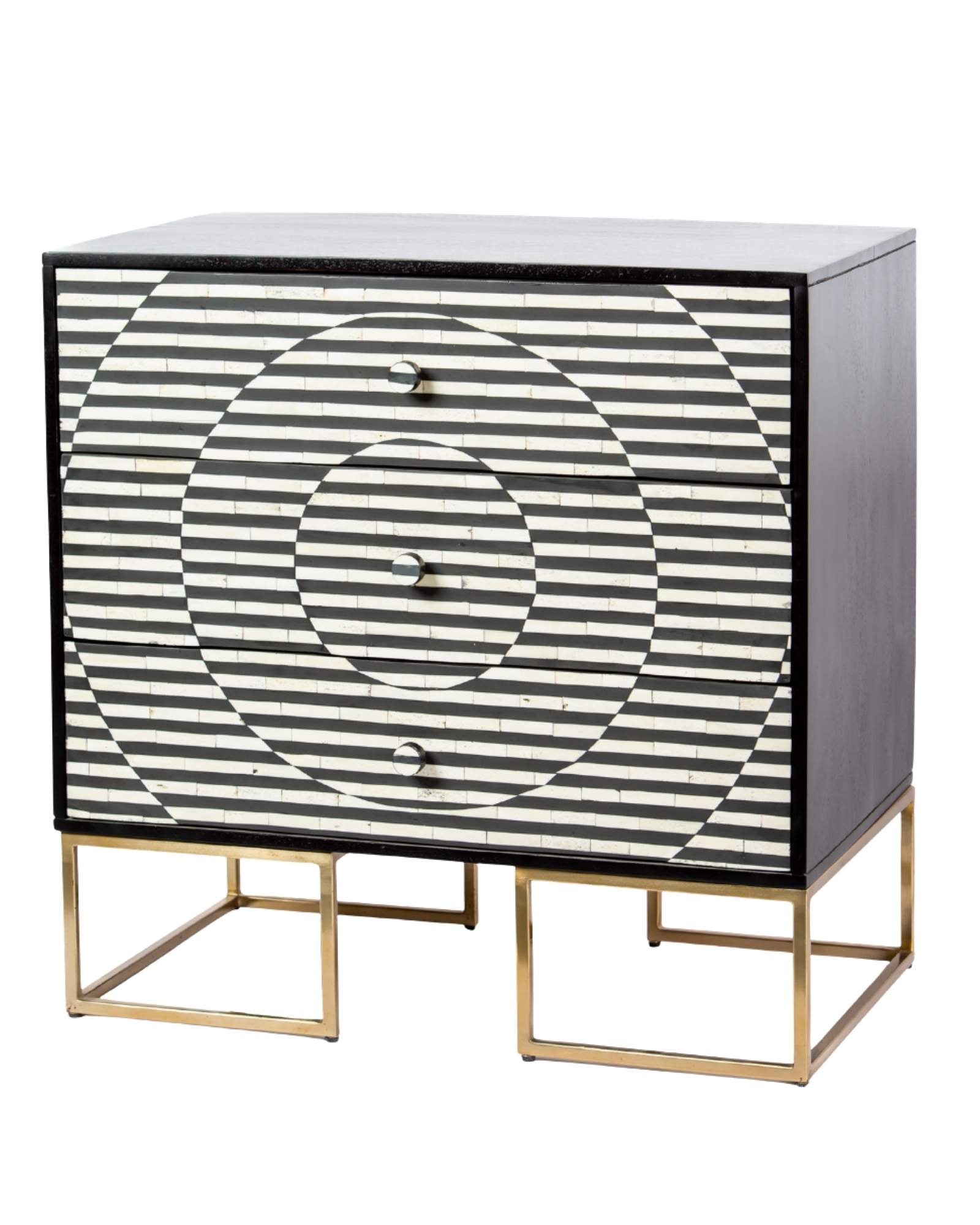 Black and white geometric bone inlay chest of drawers with gold base.