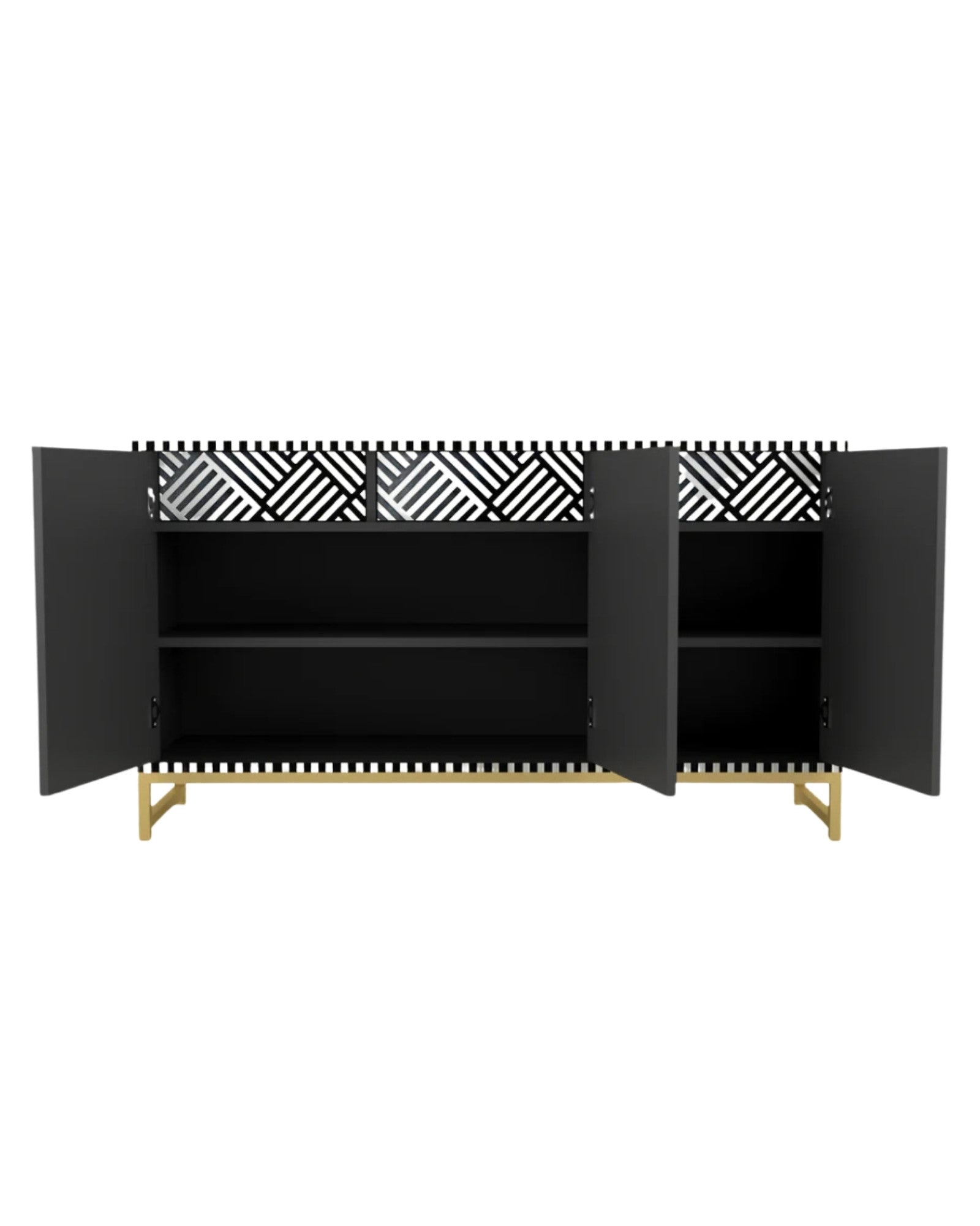 Handcrafted black & white cabinet with intricate bone inlay, featuring a striped pattern and sleek metal legs. A luxurious storage solution for any space.