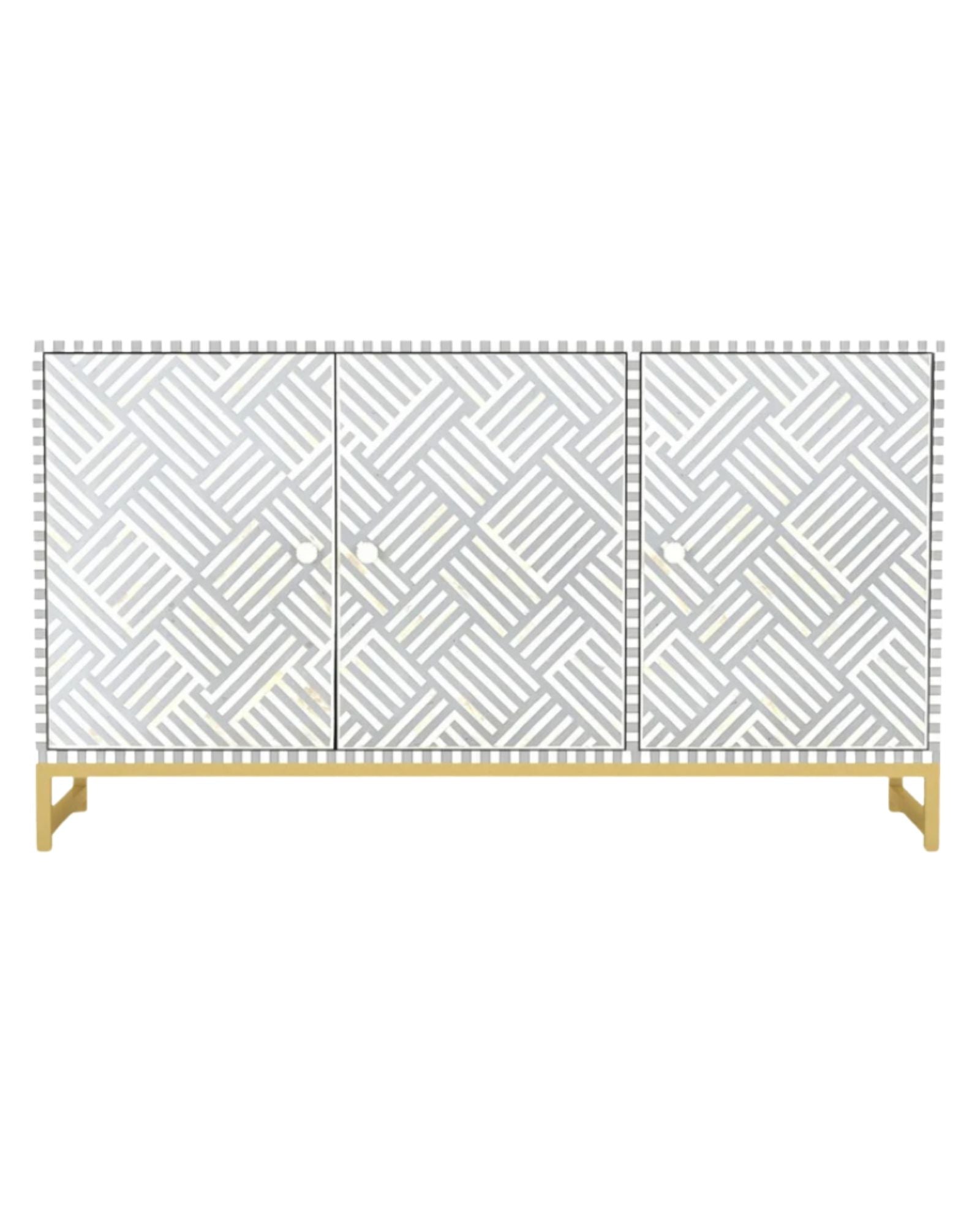 Handcrafted Grey Cabinet with intricate Bone inlay, featuring a striped pattern and sleek Metal legs. A luxurious storage solution for any space.