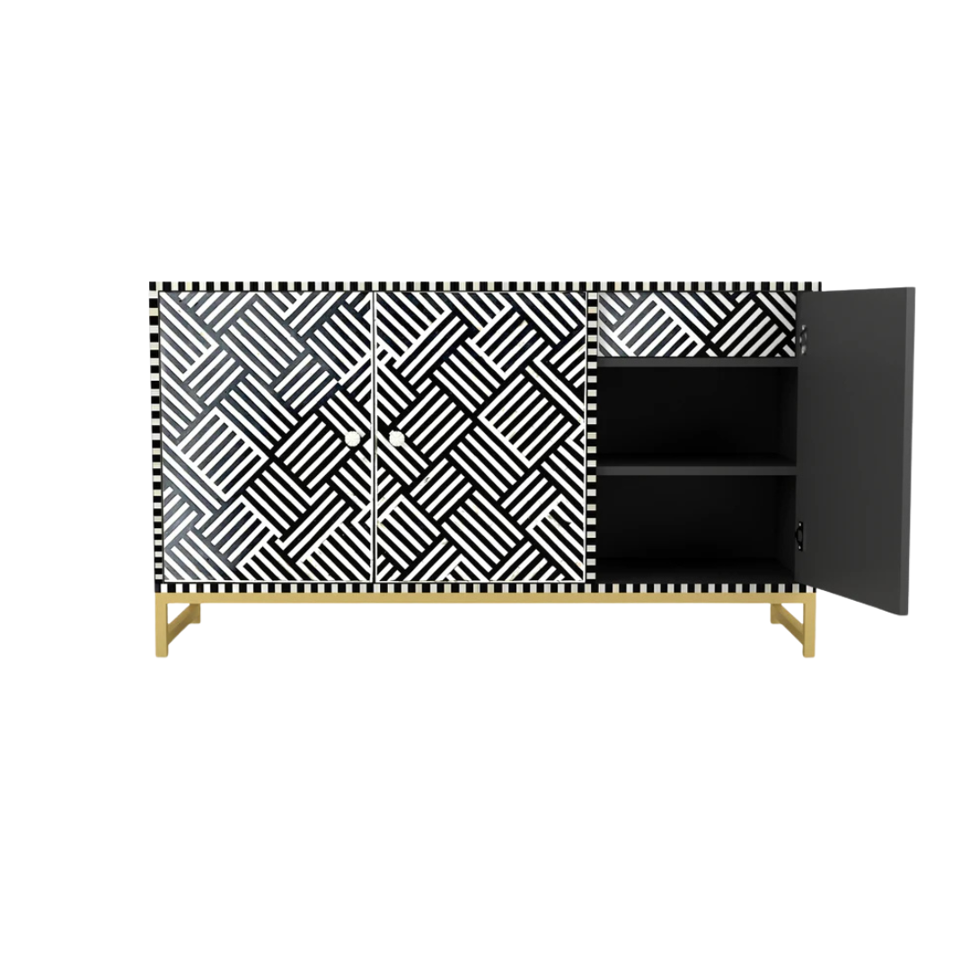 Handcrafted black & white cabinet with intricate bone inlay, featuring a striped pattern and sleek metal legs. A luxurious storage solution for any space.