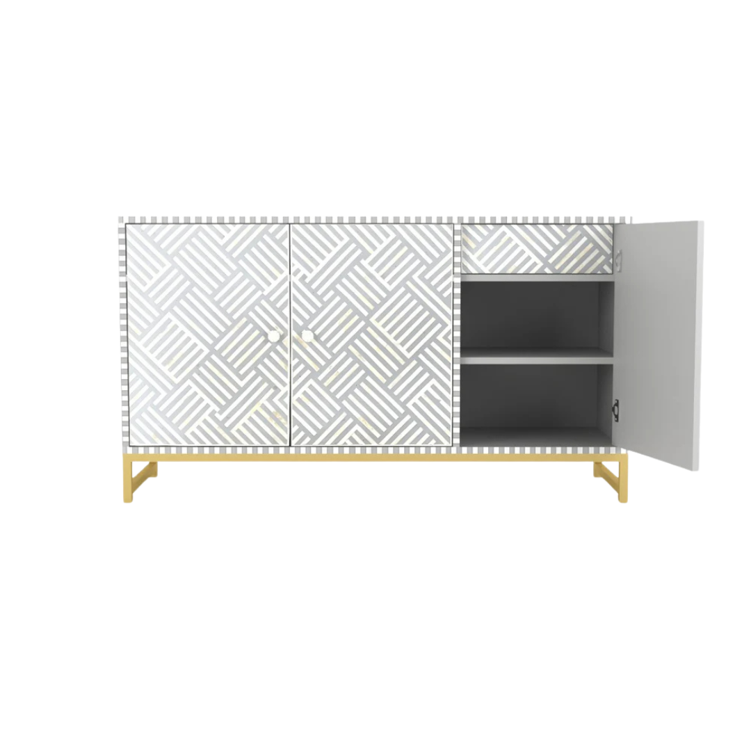 Handcrafted Grey Cabinet with intricate Bone inlay, featuring a striped pattern and sleek Metal legs. A luxurious storage solution for any space.