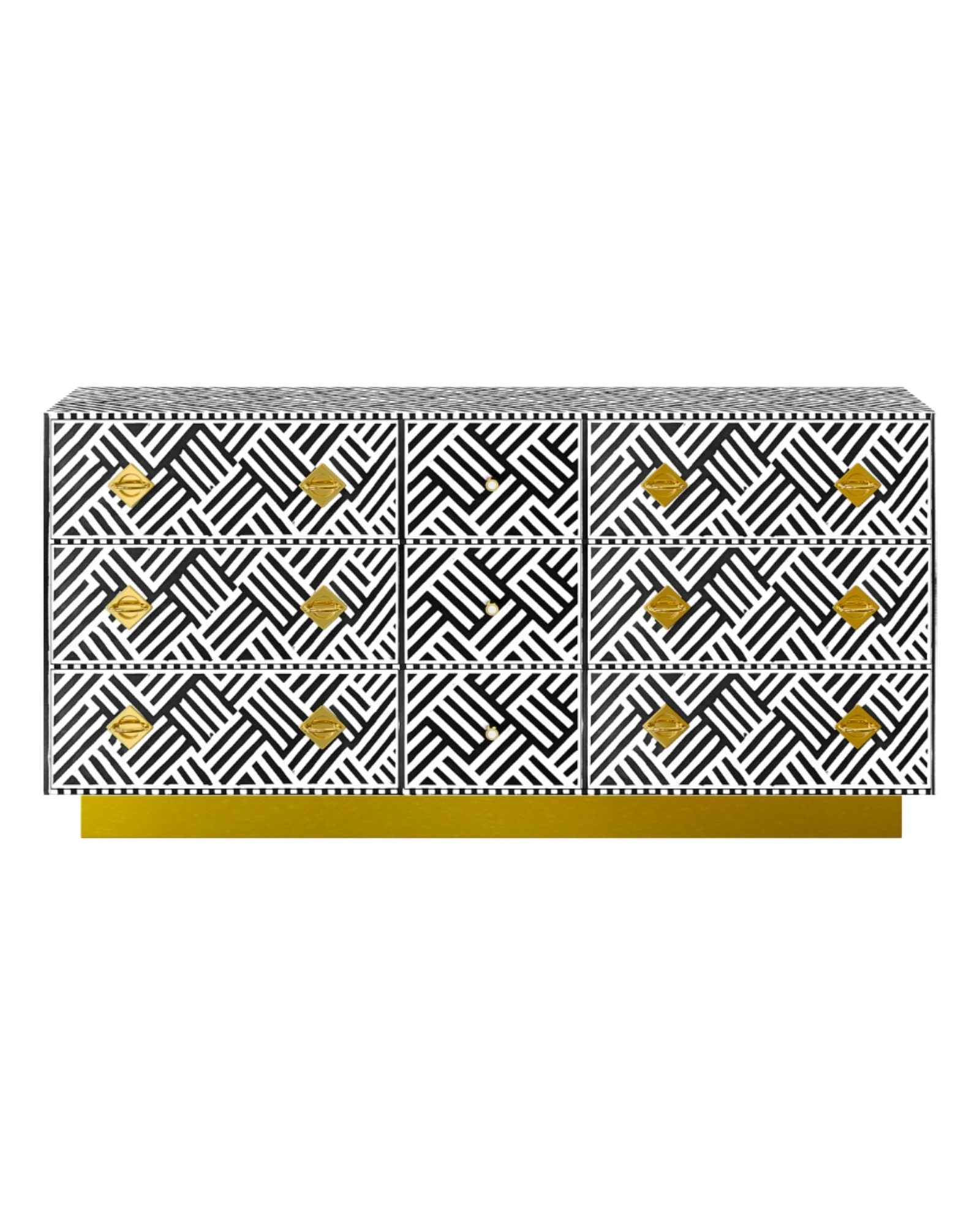 Luxury black and white bone inlay chest of drawers with brass accents and geometric design, handcrafted for statement interiors.
