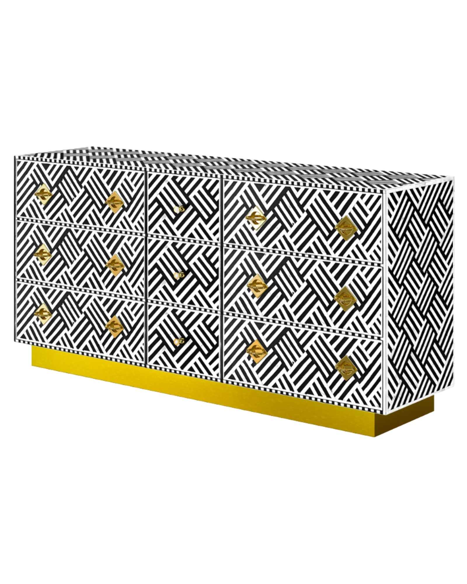 Luxury black and white bone inlay chest of drawers with brass accents and geometric design, handcrafted for statement interiors.
