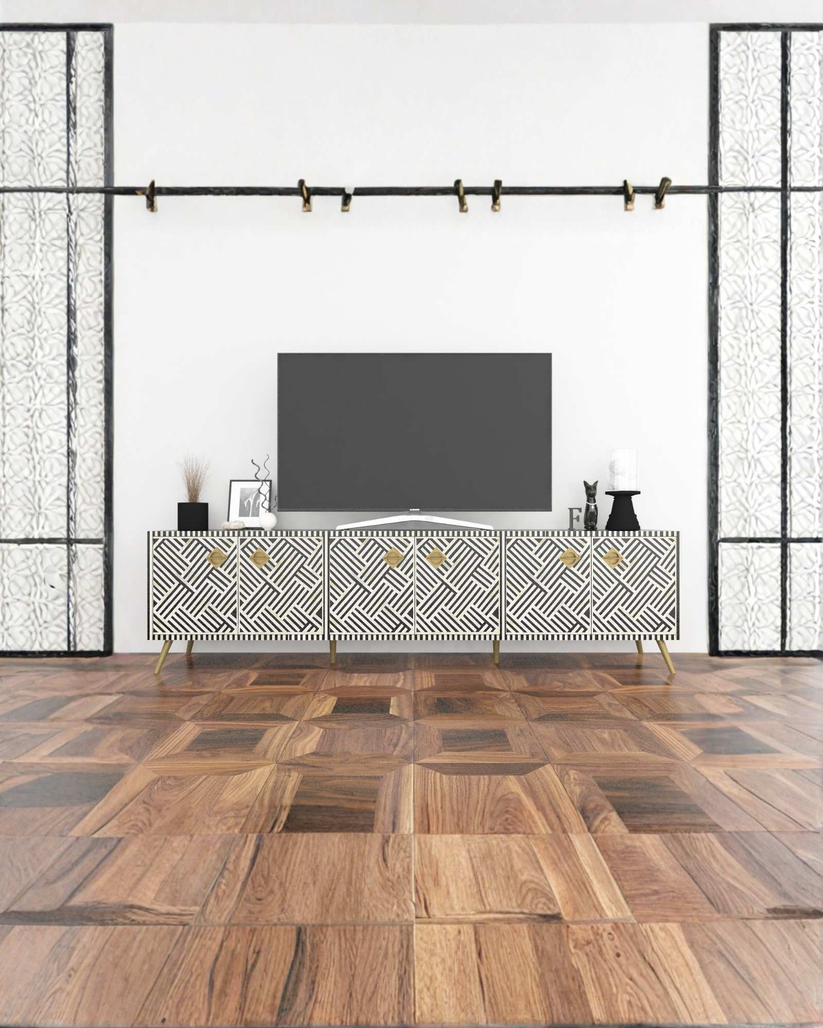 Handcrafted Black & White TV Unit Cabinet with intricate Bone inlay, featuring a striped pattern and sleek Metal legs. A luxurious storage solution for any space.