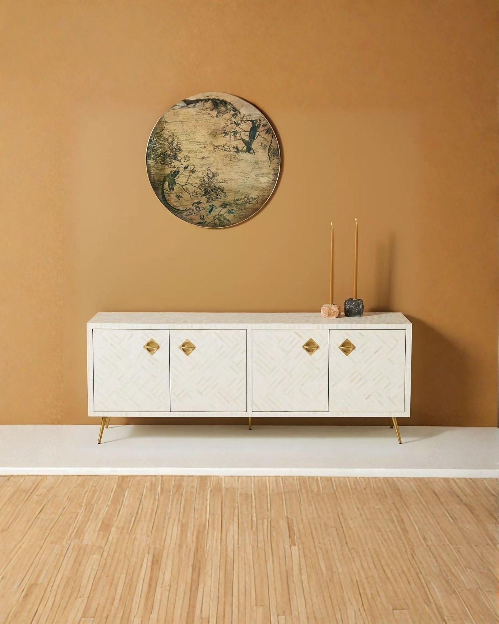 Ameerah TV Unit Cabinet - White Bone Inlay - Tabeer Homes