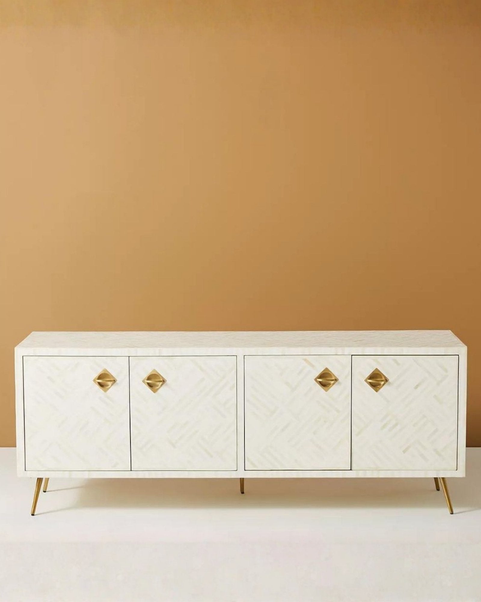 Ameerah TV Unit Cabinet - White Bone Inlay - Tabeer Homes