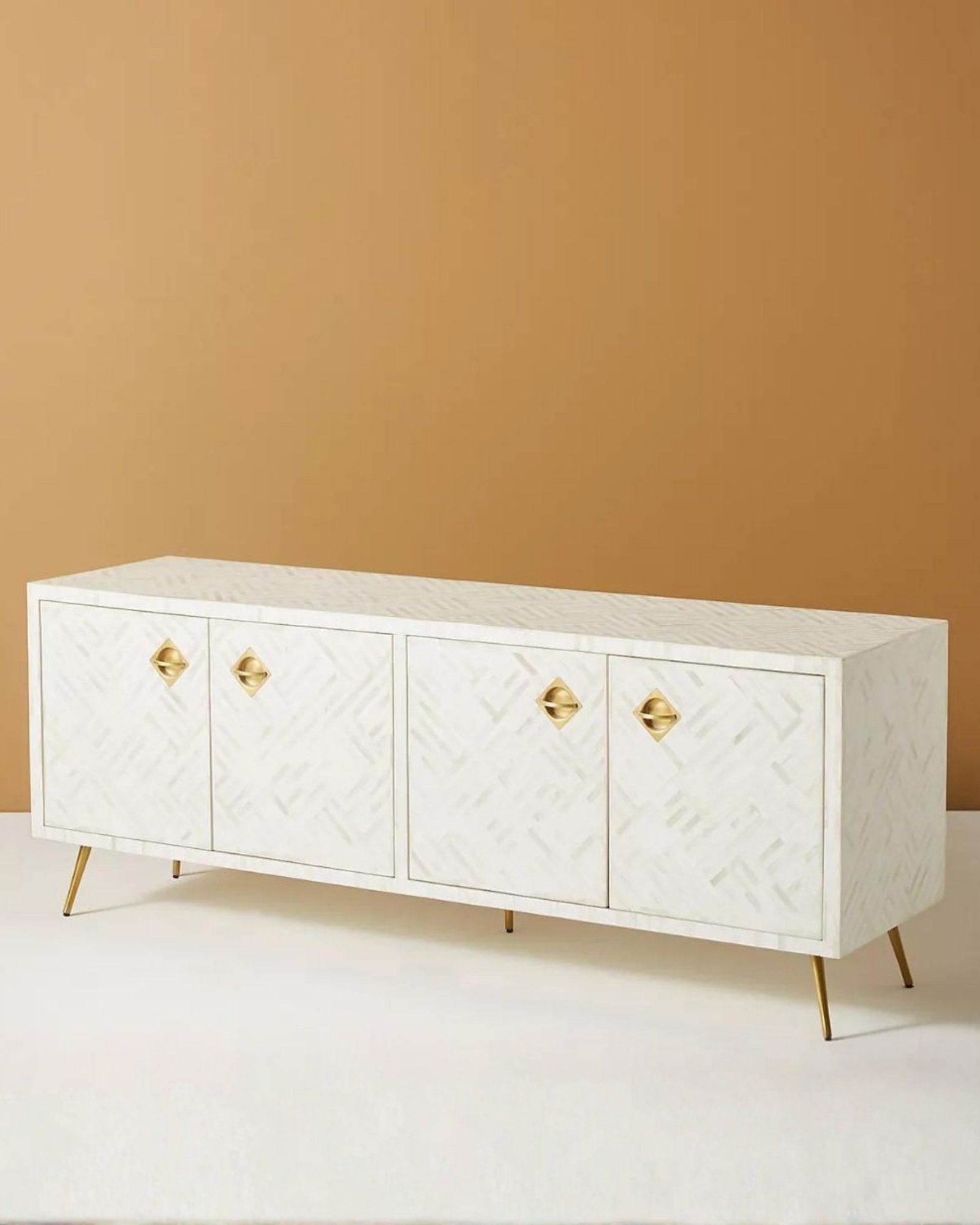 Ameerah TV Unit Cabinet - White Bone Inlay - Tabeer Homes