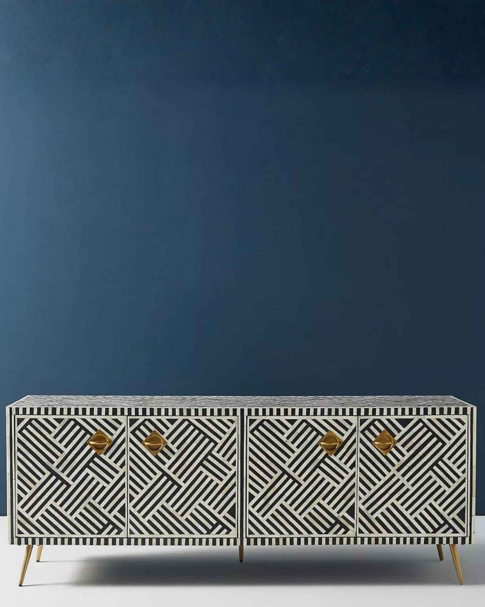 Ameerah TV Unit Cabinet - Black & White Bone Inlay - Tabeer Homes