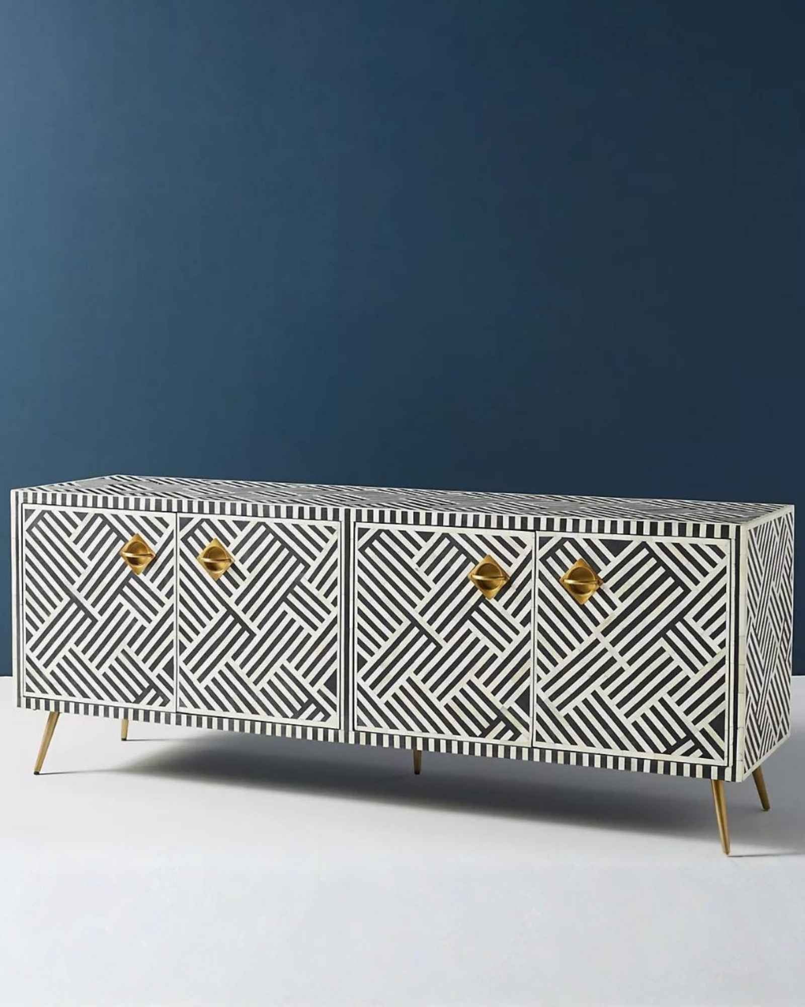 Ameerah TV Unit Cabinet - Black & White Bone Inlay - Tabeer Homes