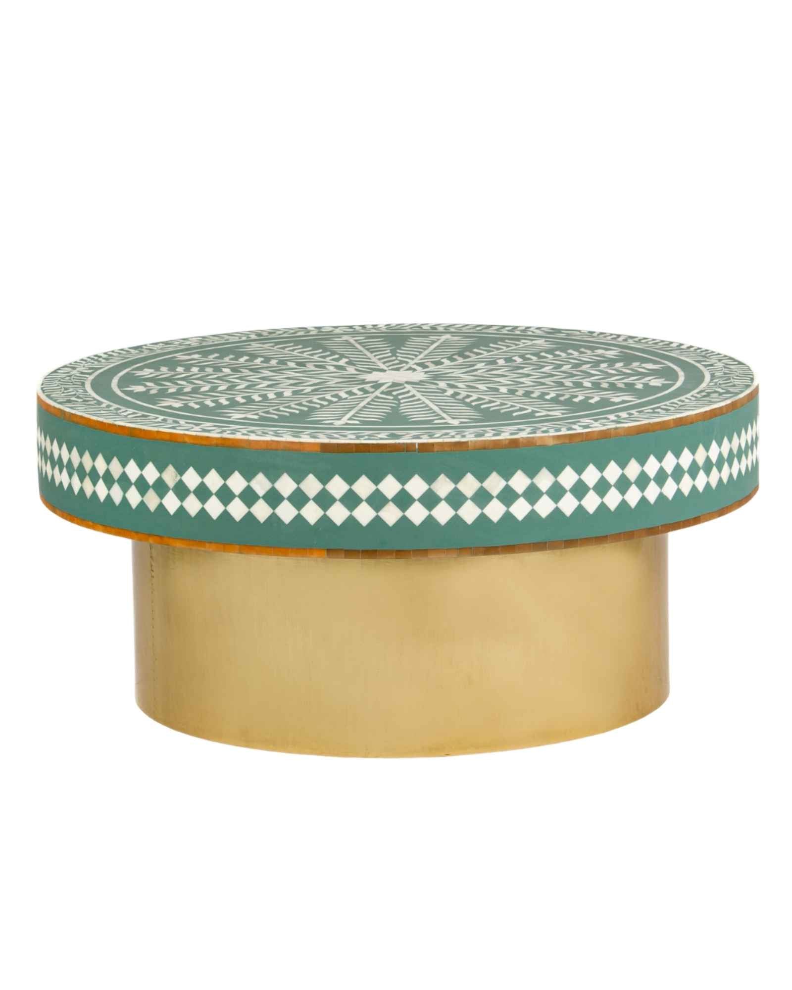 Green floral patterned bone inlay coffee table with diamond border detail and brushed gold cylindrical base by Tabeer Homes.