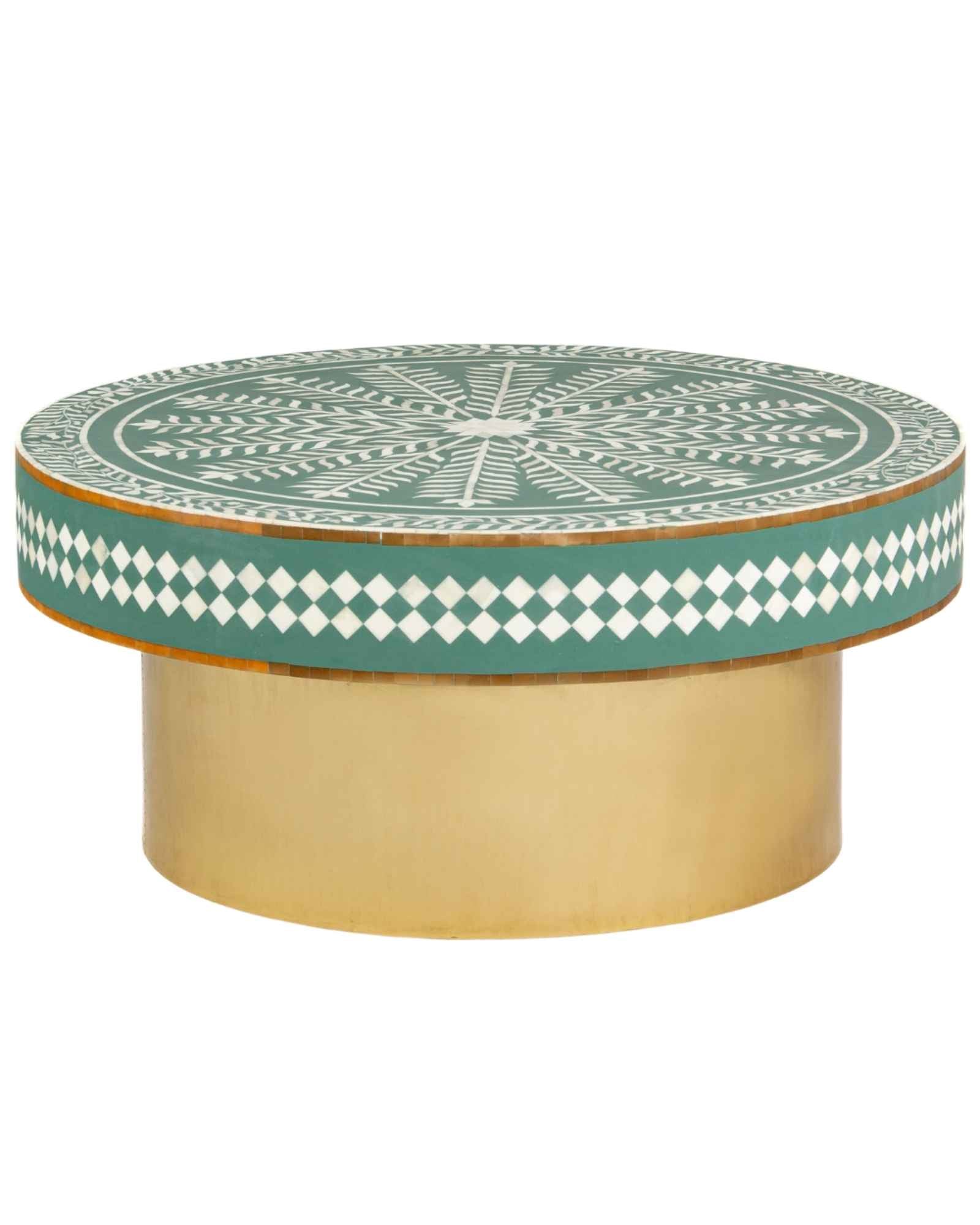 Green floral patterned bone inlay coffee table with diamond border detail and brushed gold cylindrical base by Tabeer Homes.