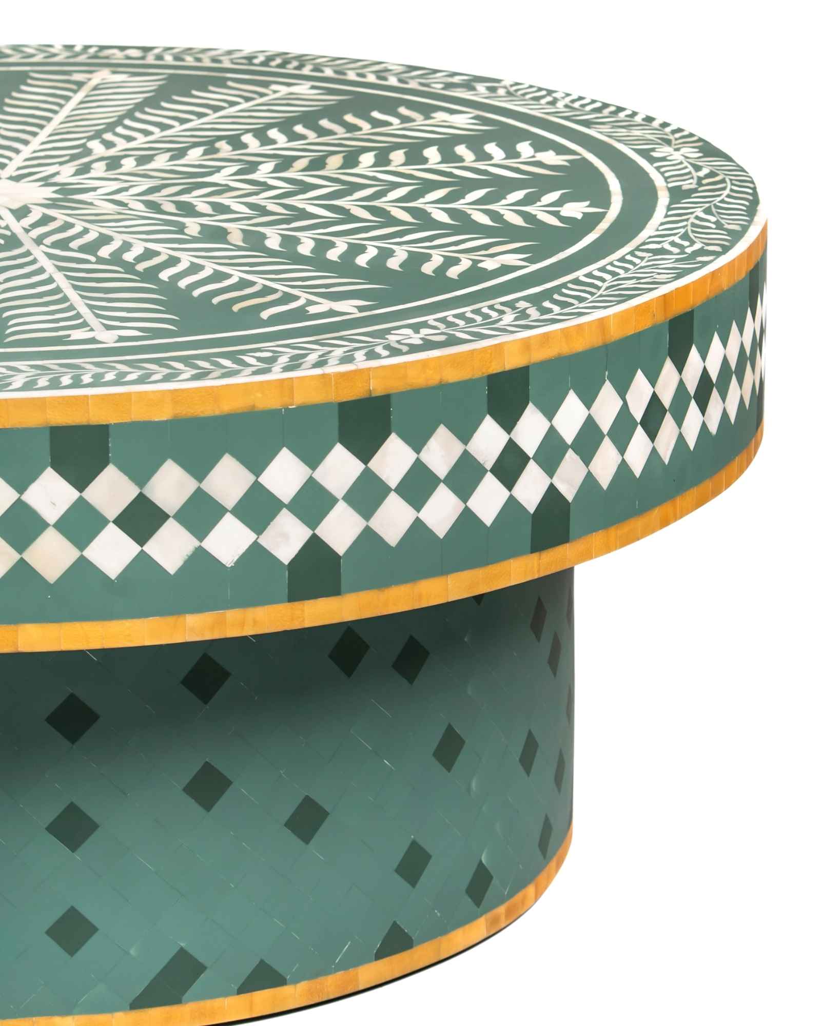 Bone inlay coffee table featuring intricate radial floral pattern in green and white, handcrafted furniture piece.