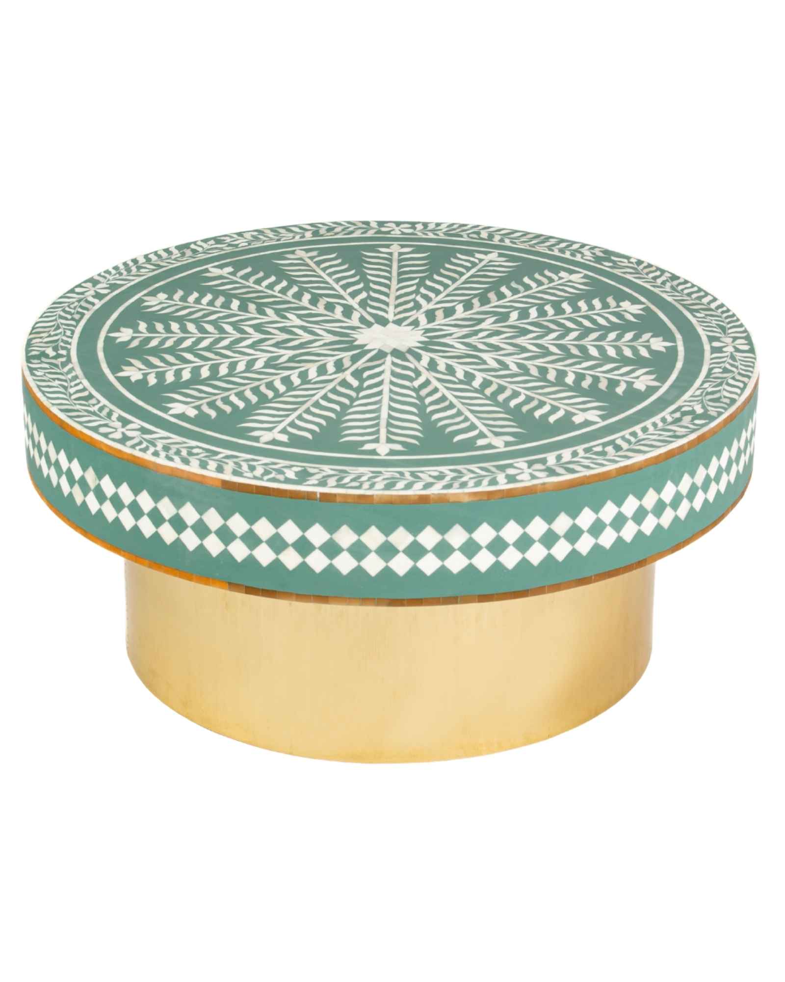 Green floral patterned bone inlay coffee table with diamond border detail and brushed gold cylindrical base by Tabeer Homes.
