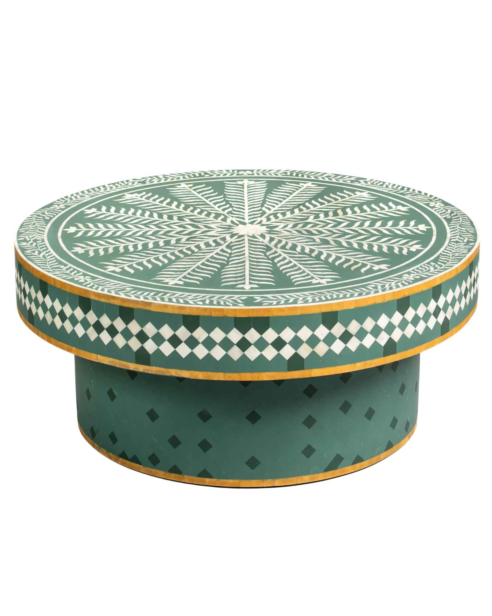 Bone inlay coffee table featuring intricate radial floral pattern in green and white, handcrafted furniture piece.
