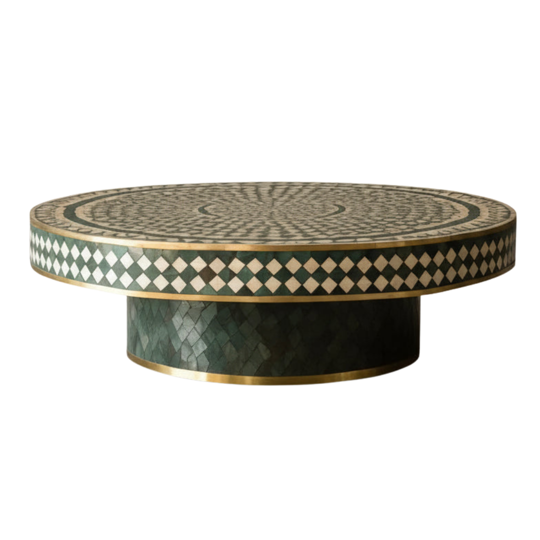 Astra Coffee Table, green bone inlay design with brass accents, handcrafted floral and diamond pattern by Tabeer Homes