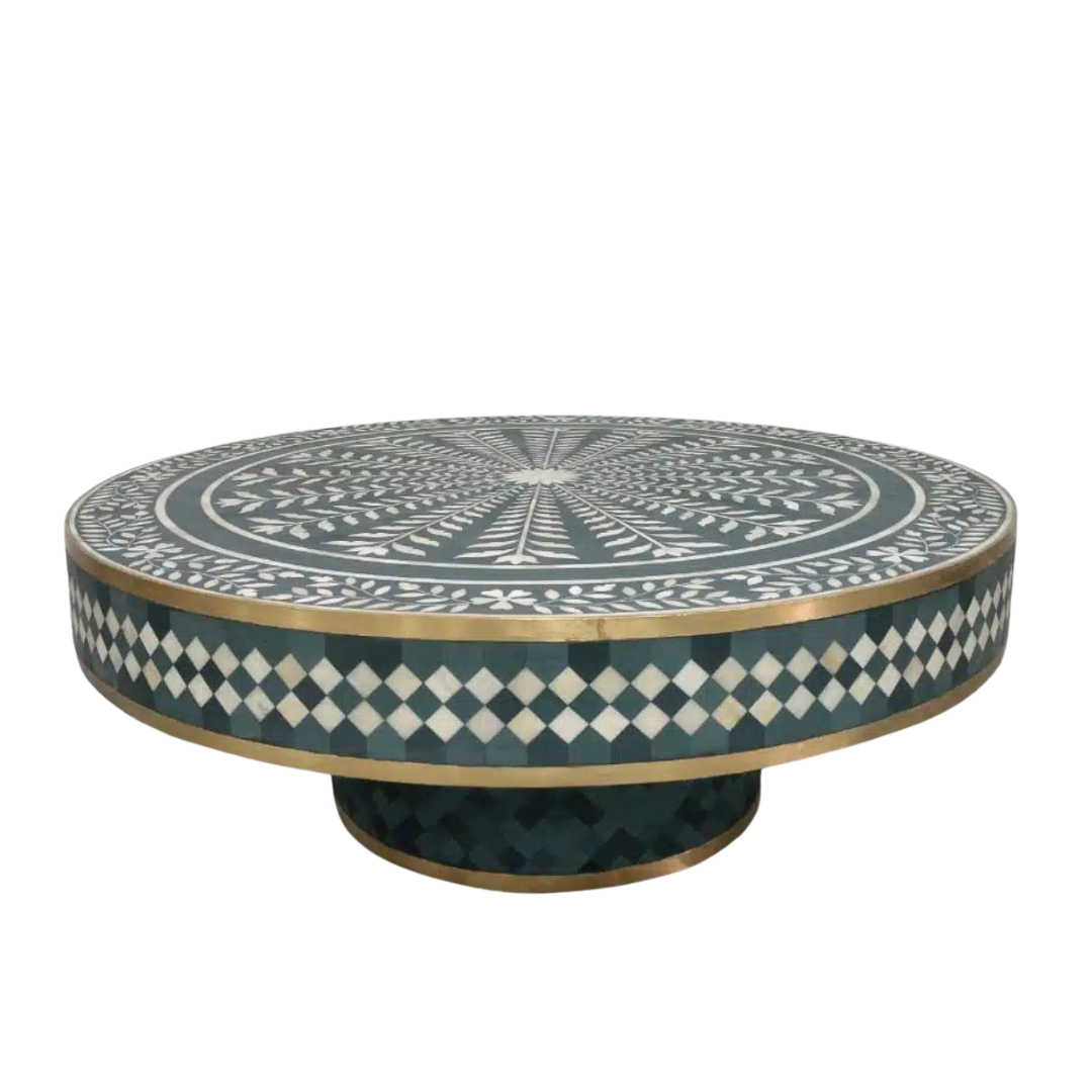 Astra Coffee Table, green bone inlay design with brass accents, handcrafted floral and diamond pattern by Tabeer Homes