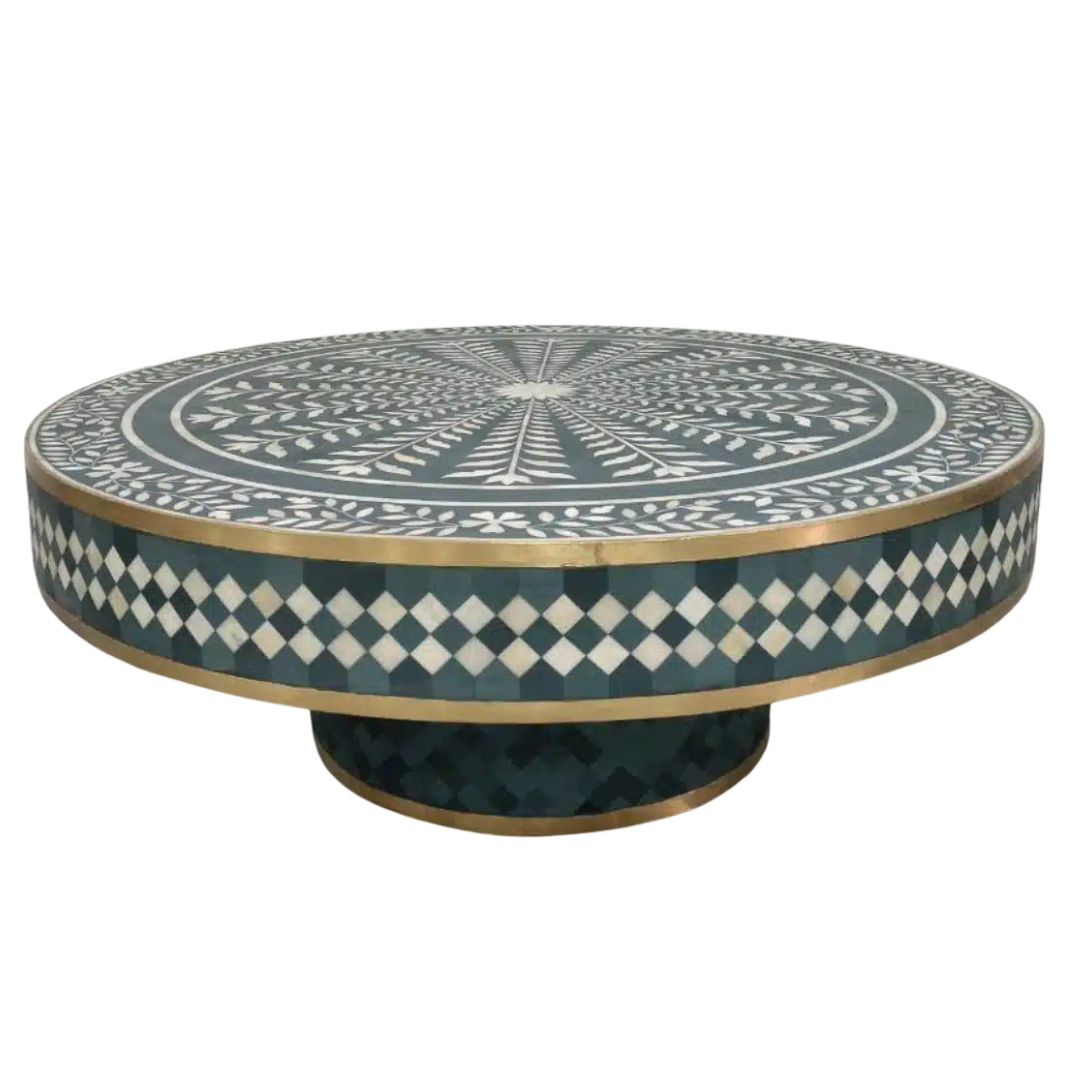 Astra Coffee Table, green bone inlay design with brass accents, handcrafted floral and diamond pattern by Tabeer Homes
