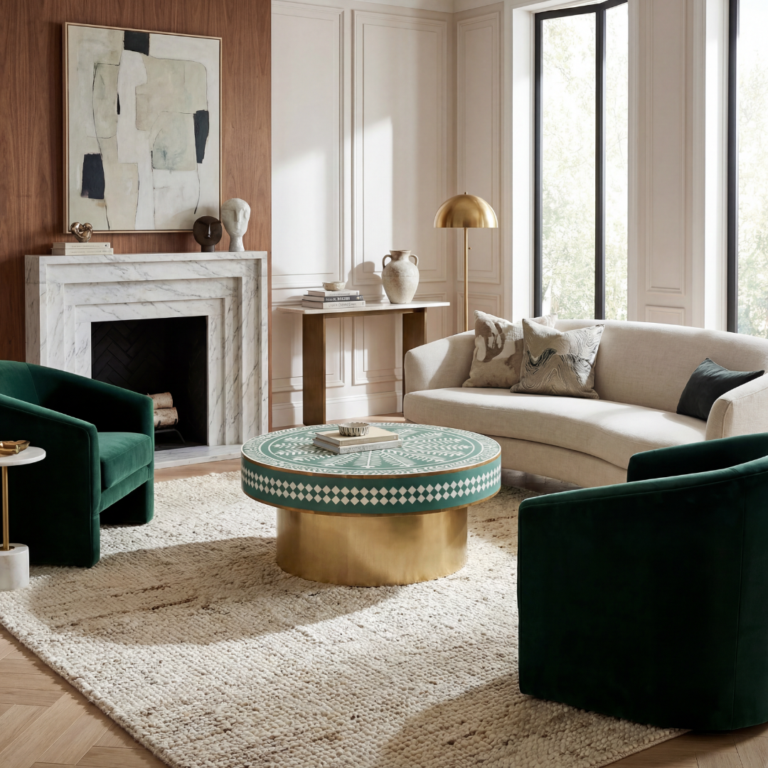 Green floral patterned bone inlay coffee table with diamond border detail and brushed gold cylindrical base by Tabeer Homes.