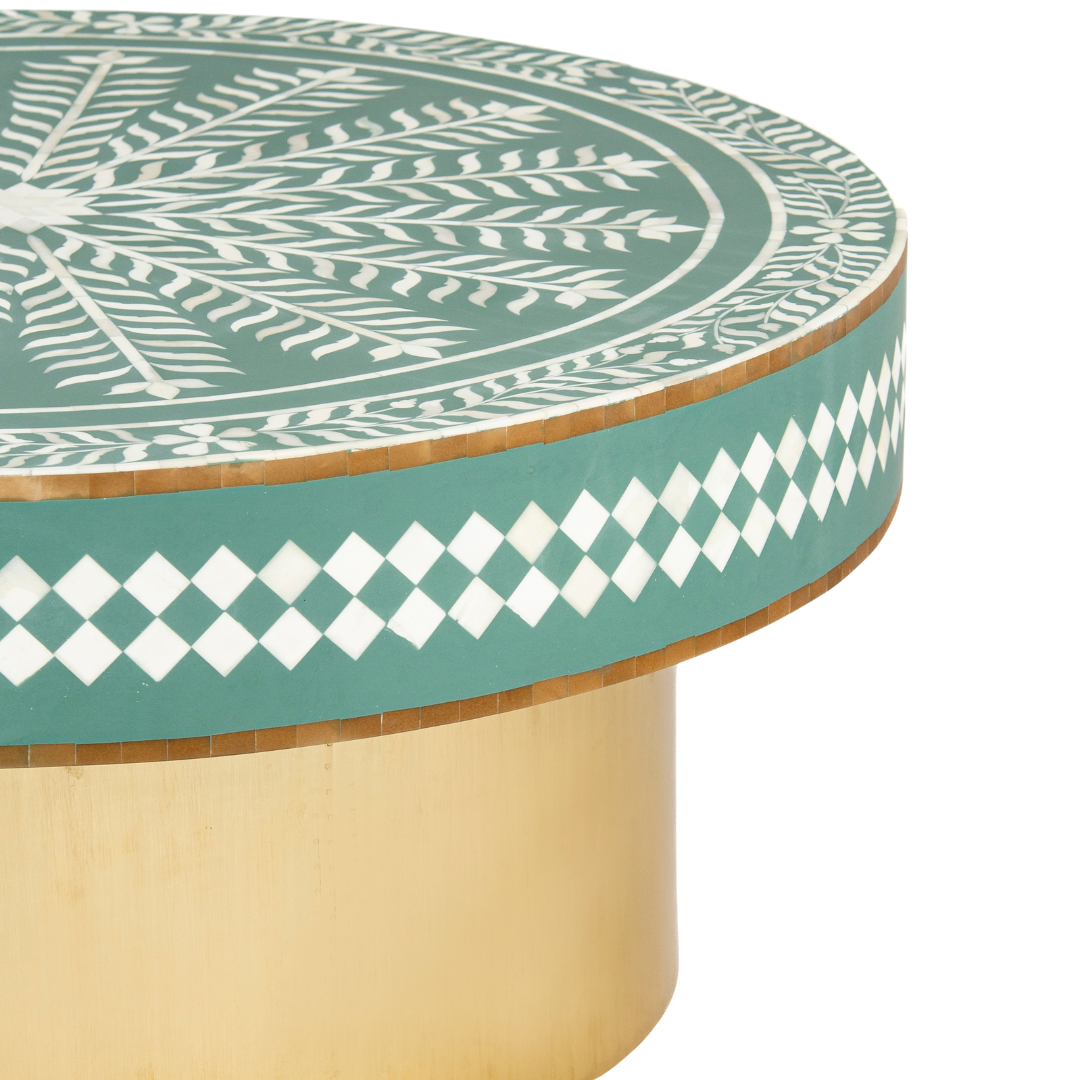 Green floral patterned bone inlay coffee table with diamond border detail and brushed gold cylindrical base by Tabeer Homes.