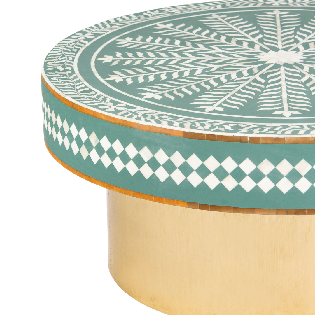 Green floral patterned bone inlay coffee table with diamond border detail and brushed gold cylindrical base by Tabeer Homes.