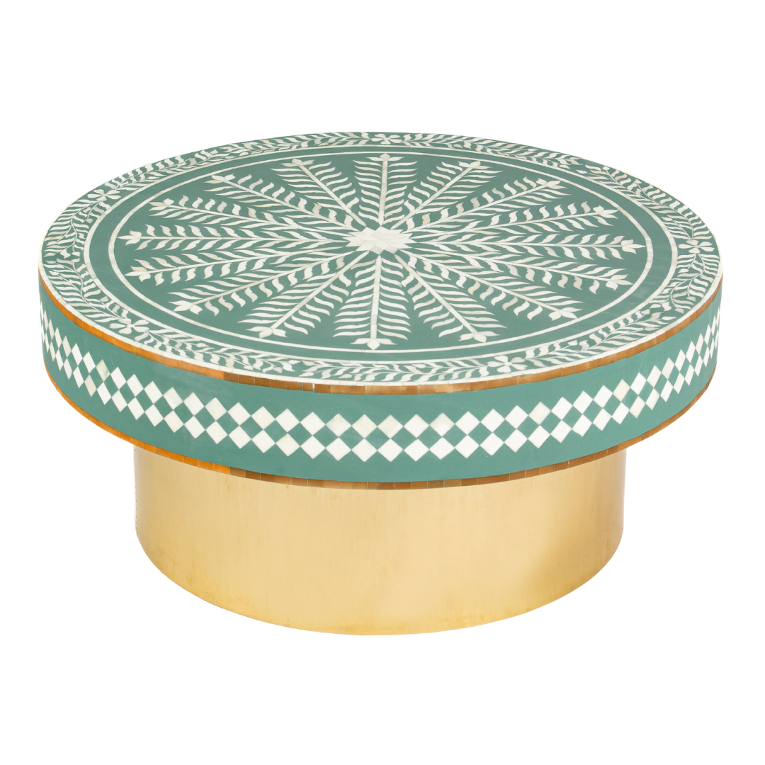 Green floral patterned bone inlay coffee table with diamond border detail and brushed gold cylindrical base by Tabeer Homes.
