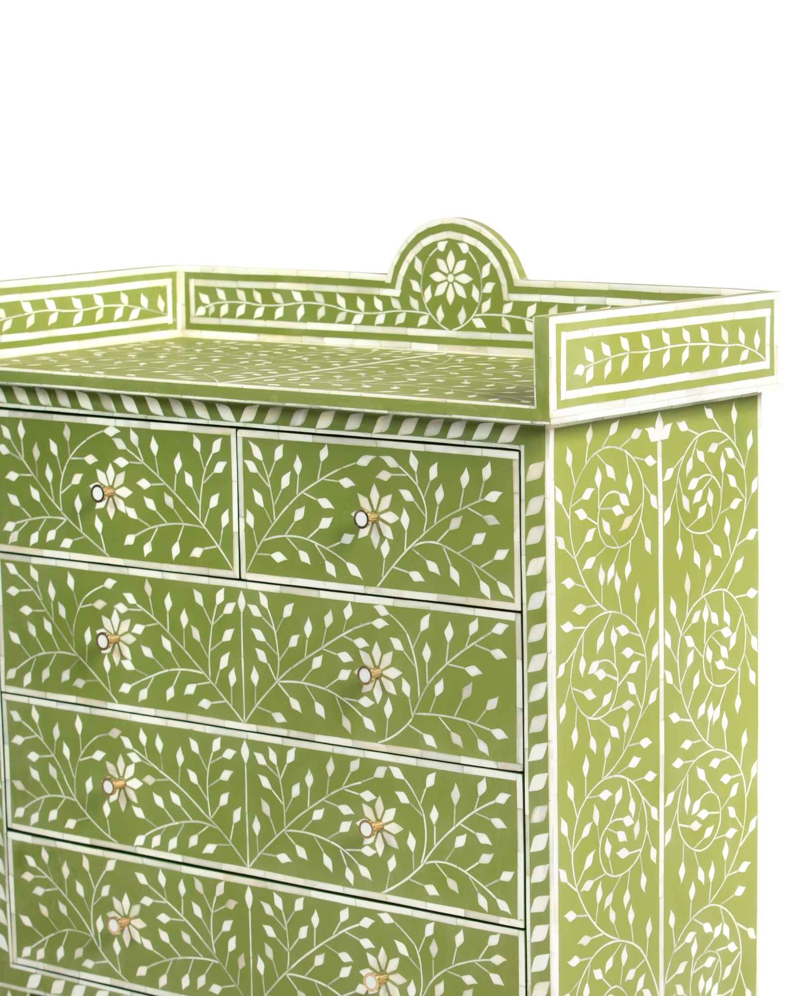 Bone inlay chest of drawers featuring intricate floral vine pattern in green and white, handcrafted furniture piece.