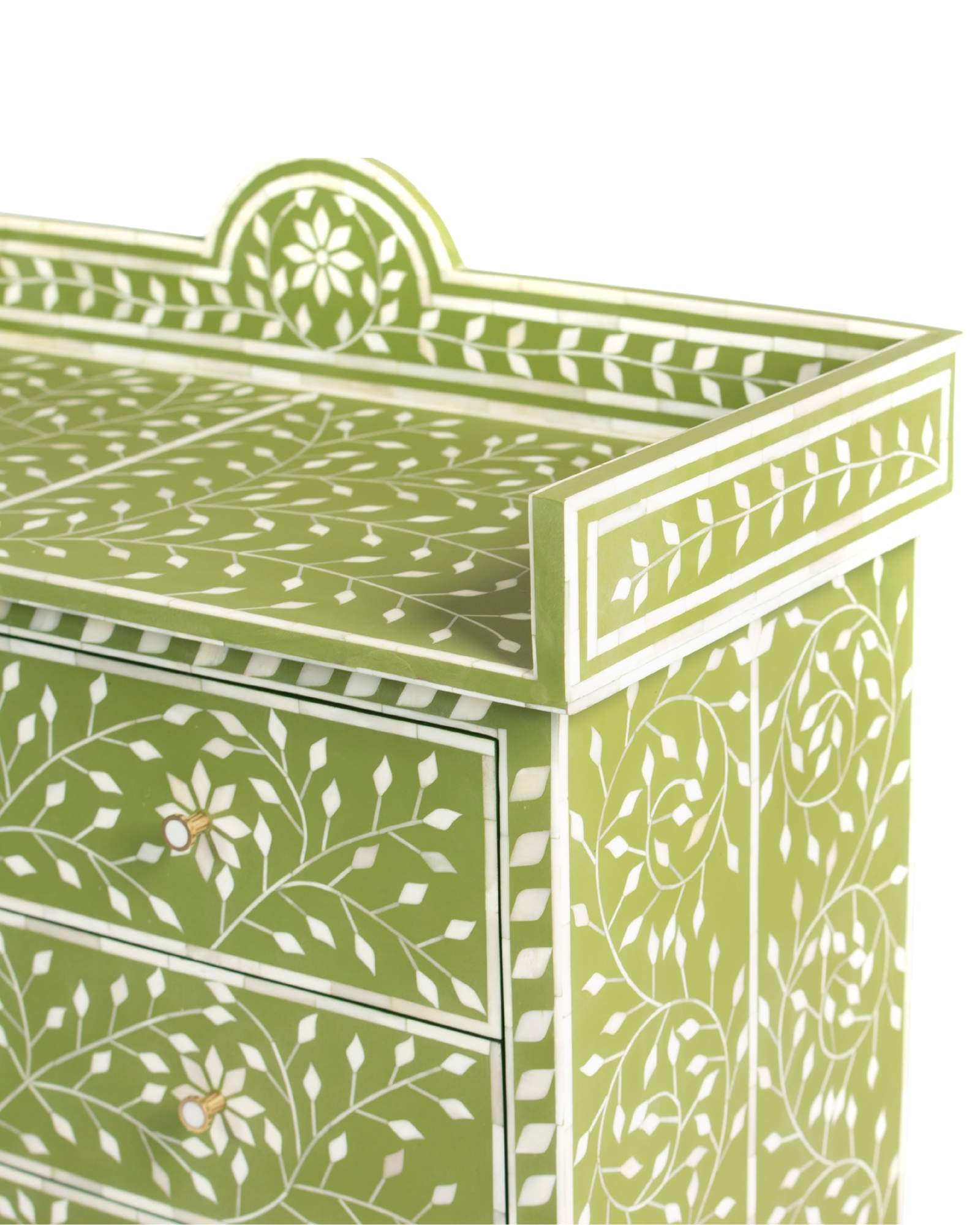 Bone inlay chest of drawers featuring intricate floral vine pattern in green and white, handcrafted furniture piece.