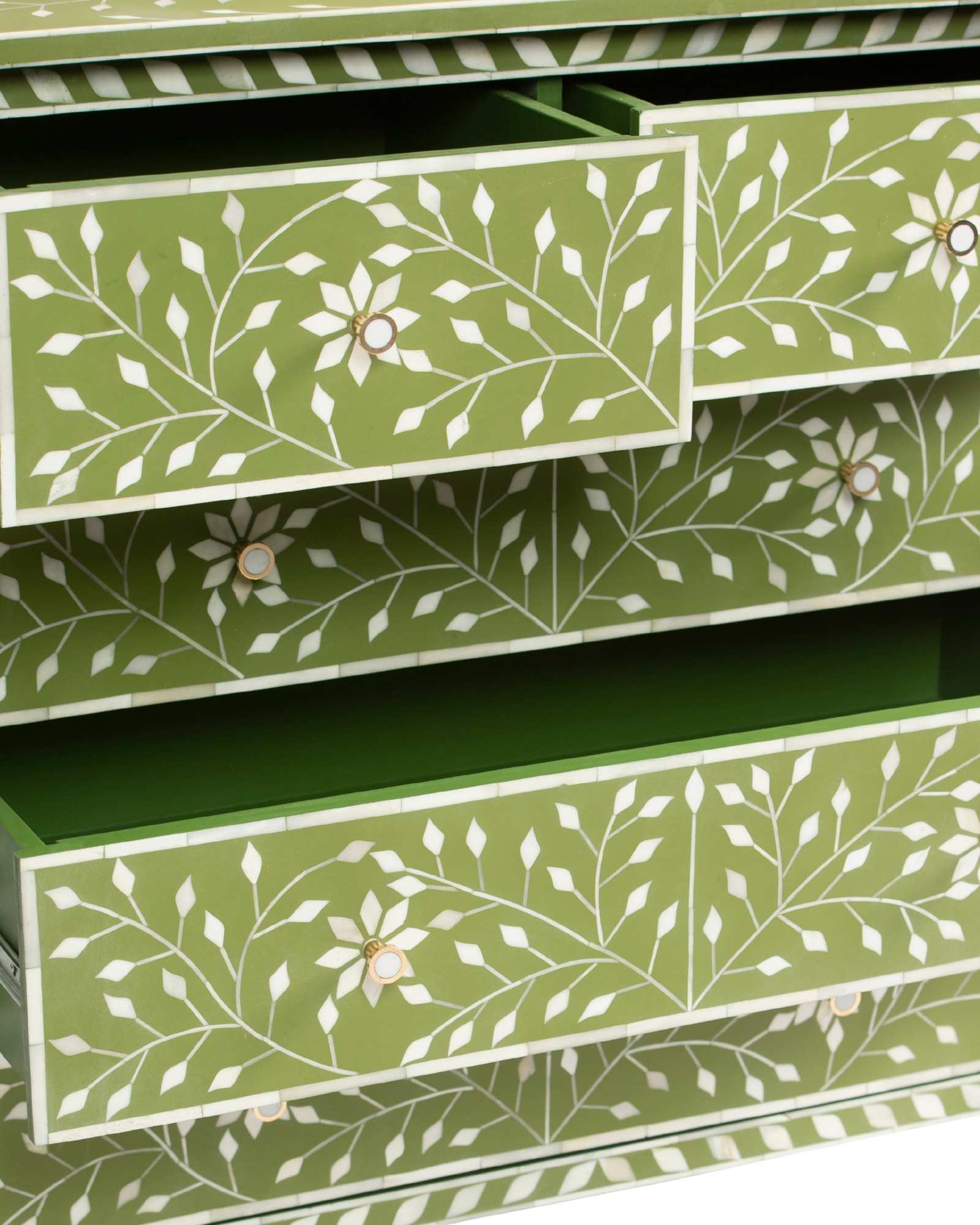 Bone inlay chest of drawers featuring intricate floral vine pattern in green and white, handcrafted furniture piece.