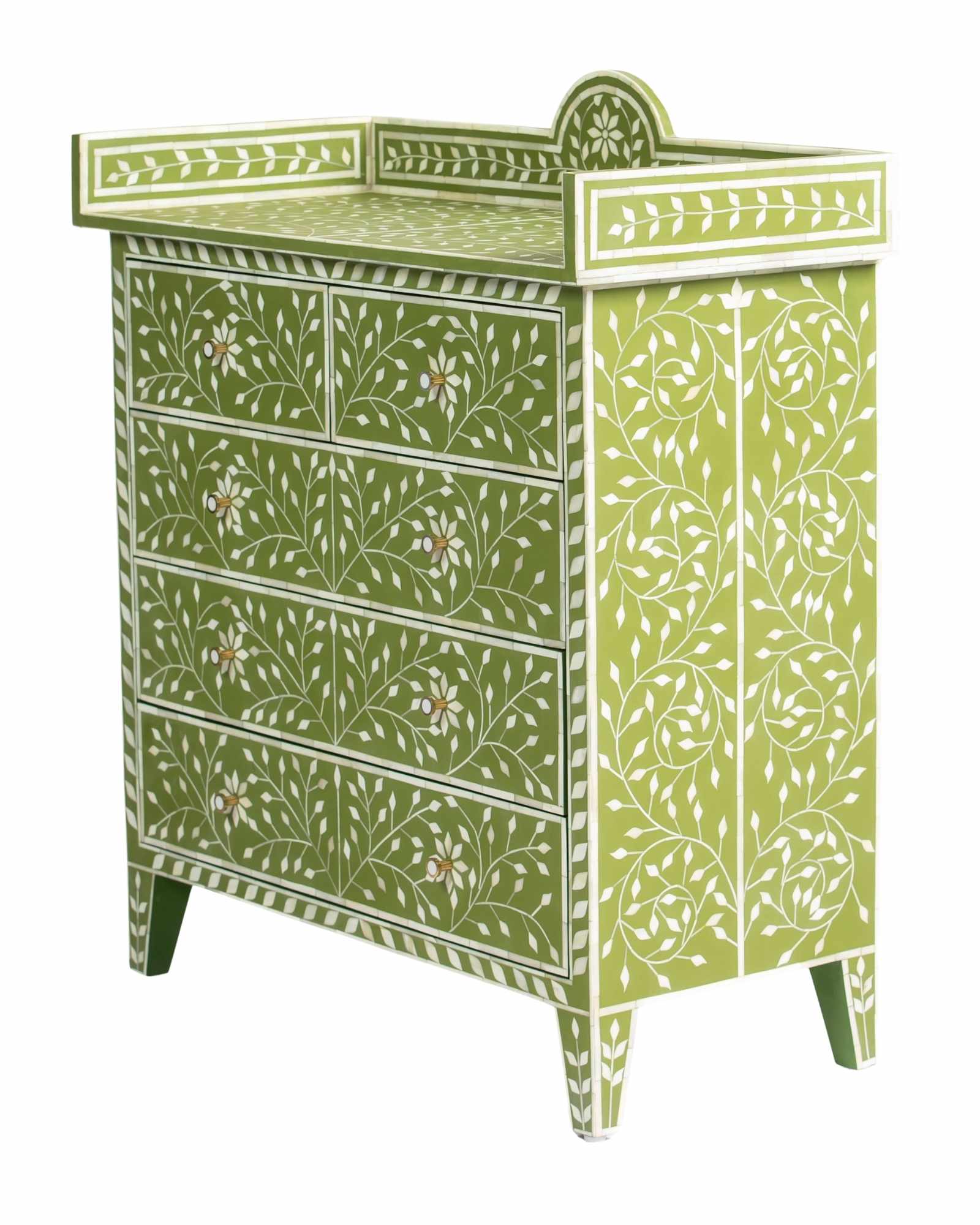 Bone inlay chest of drawers featuring intricate floral vine pattern in green and white, handcrafted furniture piece.