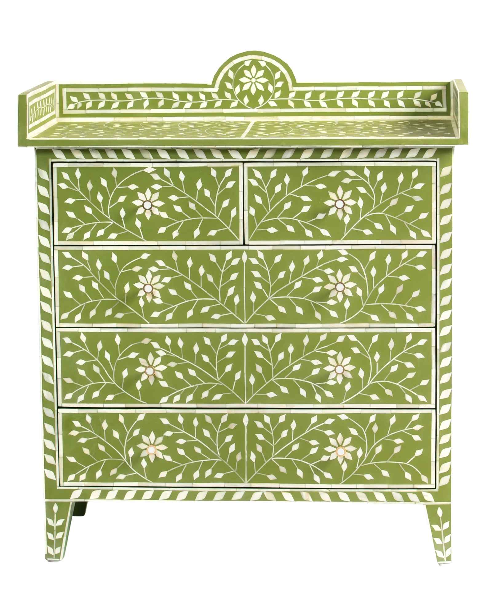 Bone inlay chest of drawers featuring intricate floral vine pattern in green and white, handcrafted furniture piece.