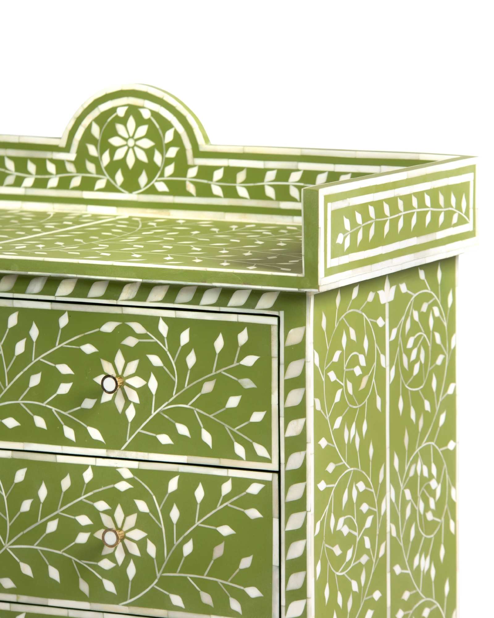 Bone inlay chest of drawers featuring intricate floral vine pattern in green and white, handcrafted furniture piece.