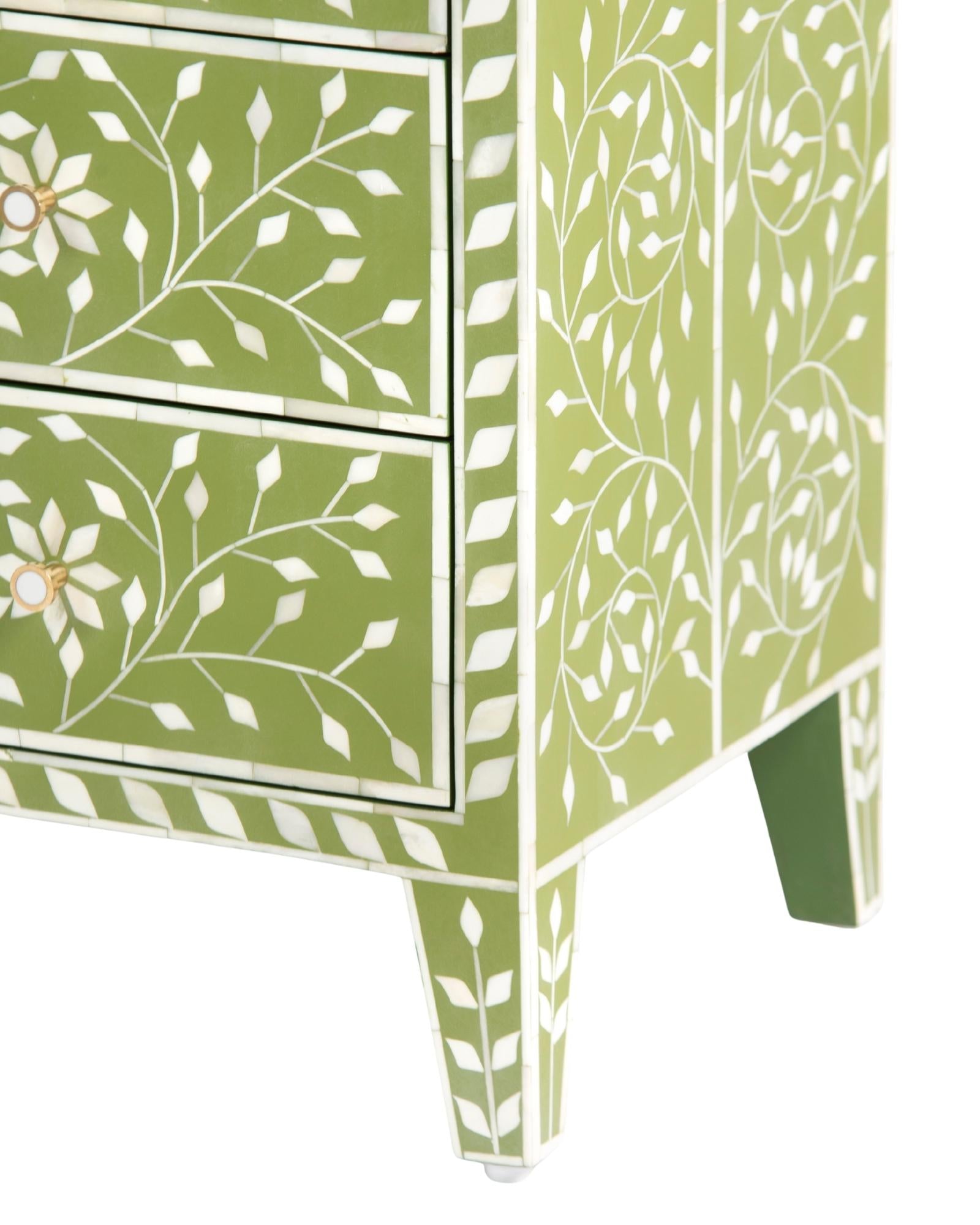 Bone inlay chest of drawers featuring intricate floral vine pattern in green and white, handcrafted furniture piece.