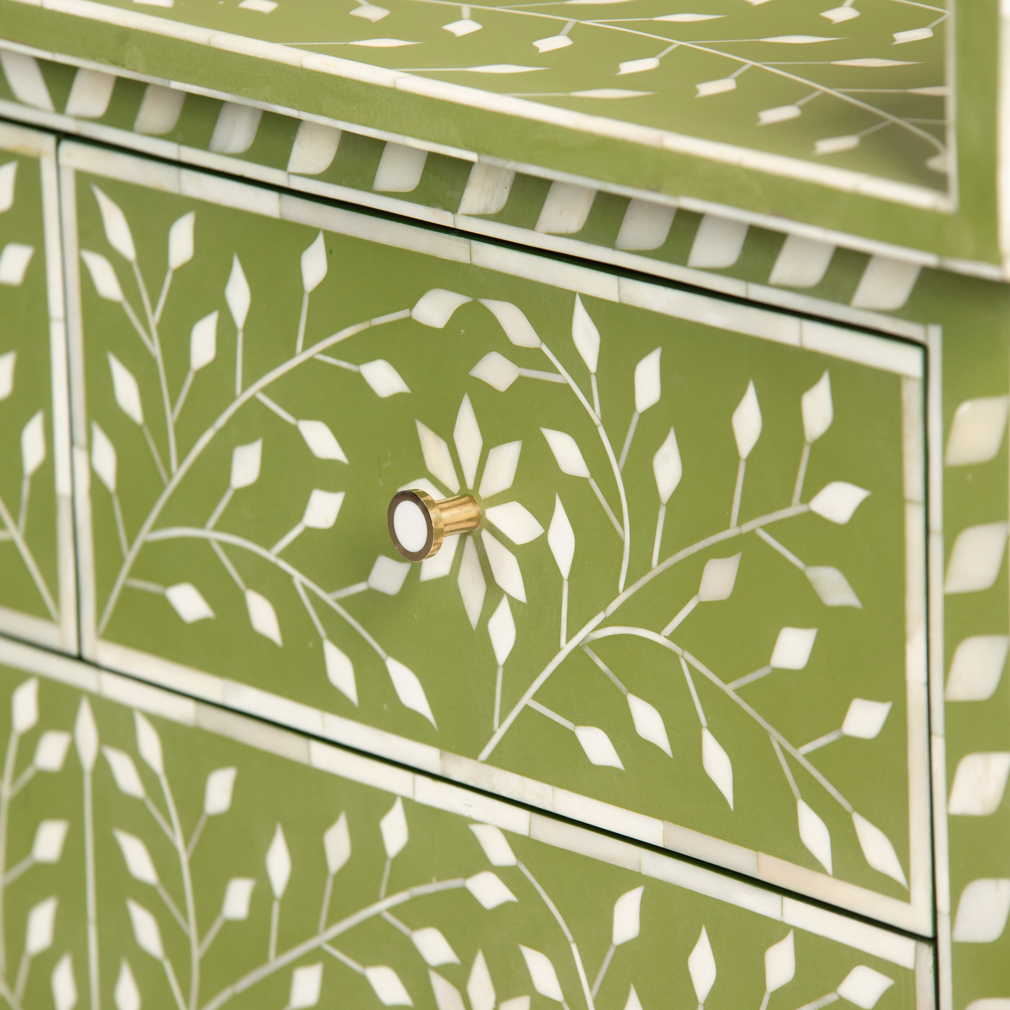 Bone inlay chest of drawers featuring intricate floral vine pattern in green and white, handcrafted furniture piece