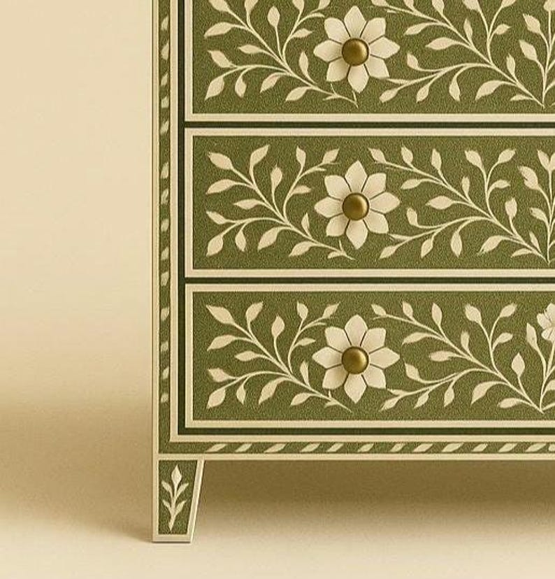 Avani Changing Station Chest of Drawers in Green Bone Inlay floral pattern by tabeer homes