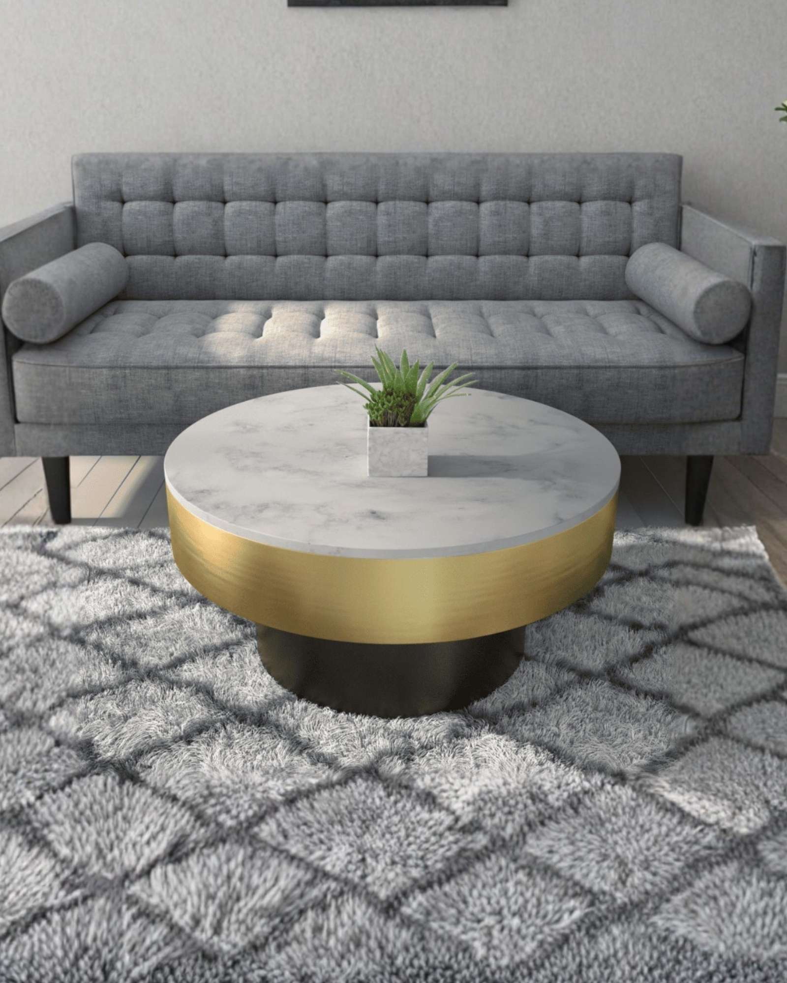 Avo Coffee Table with a luxurious white marble top, gold accent, and black cylindrical base. A modern statement piece for living spaces.