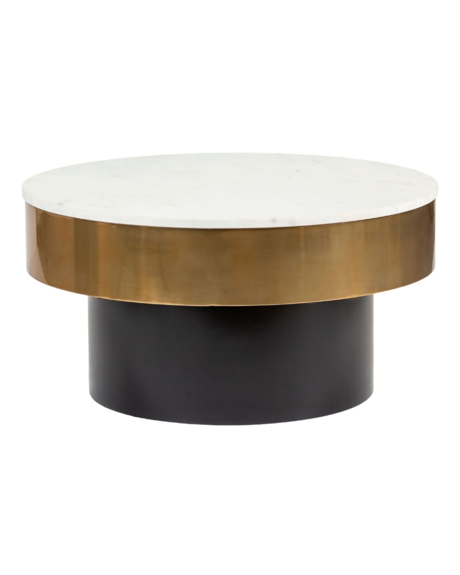 Avo Coffee Table with a luxurious white marble top, gold accent, and black cylindrical base. A modern statement piece for living spaces.