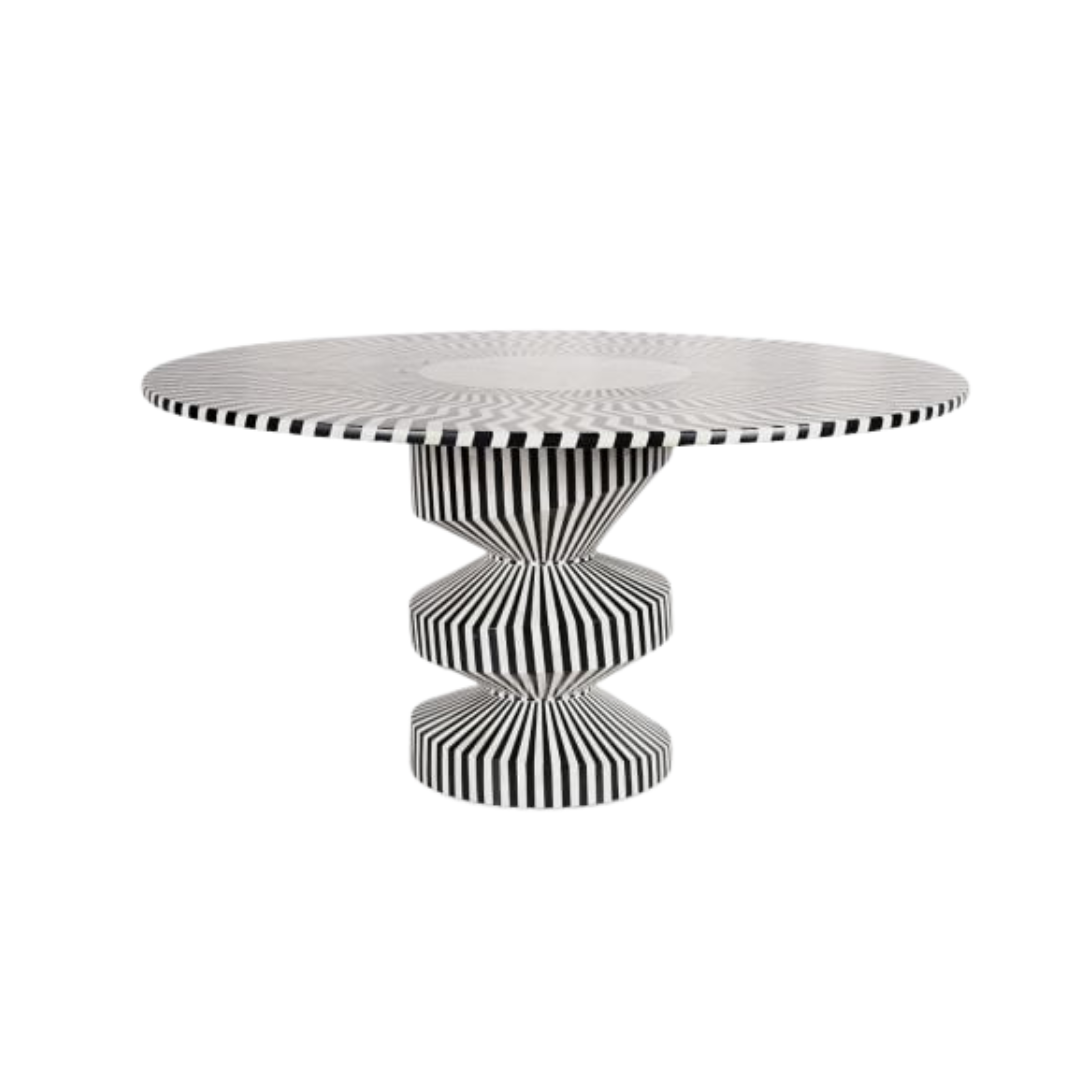 Axis Dining Table, black and white bone inlay design, handcrafted geometric pattern by Tabeer Homes