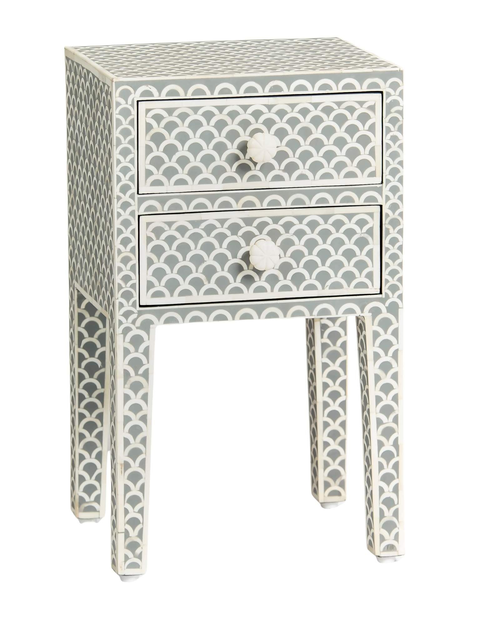 Bone inlay side drawer featuring scallop pattern in grey and white, handcrafted furniture piece