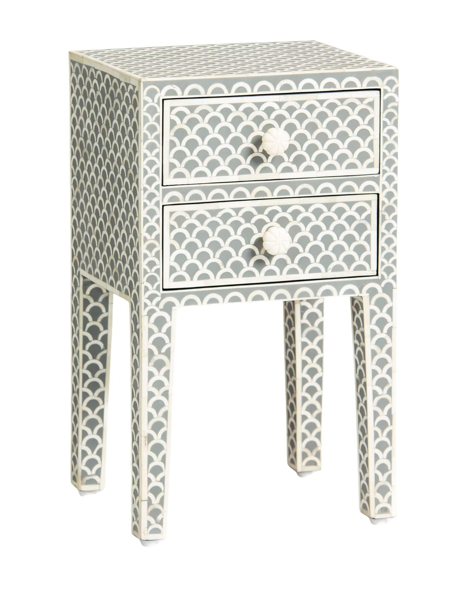 Bone inlay side drawer featuring scallop pattern in grey and white, handcrafted furniture piece