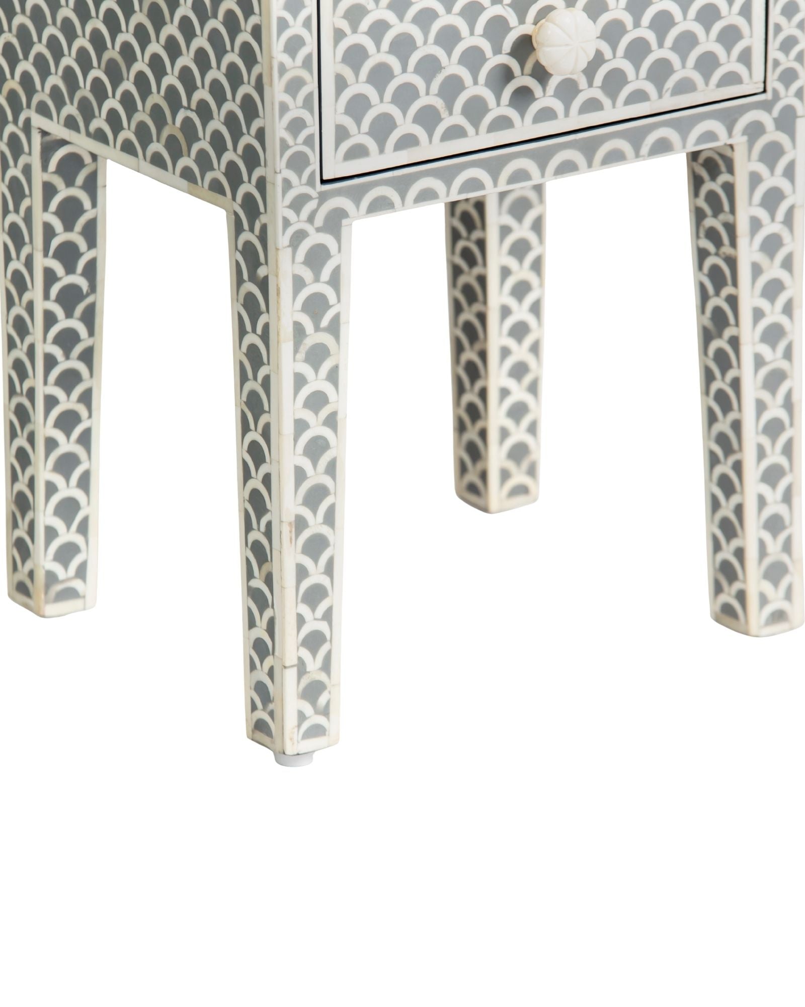 Bone inlay side drawer featuring scallop pattern in grey and white, handcrafted furniture piece