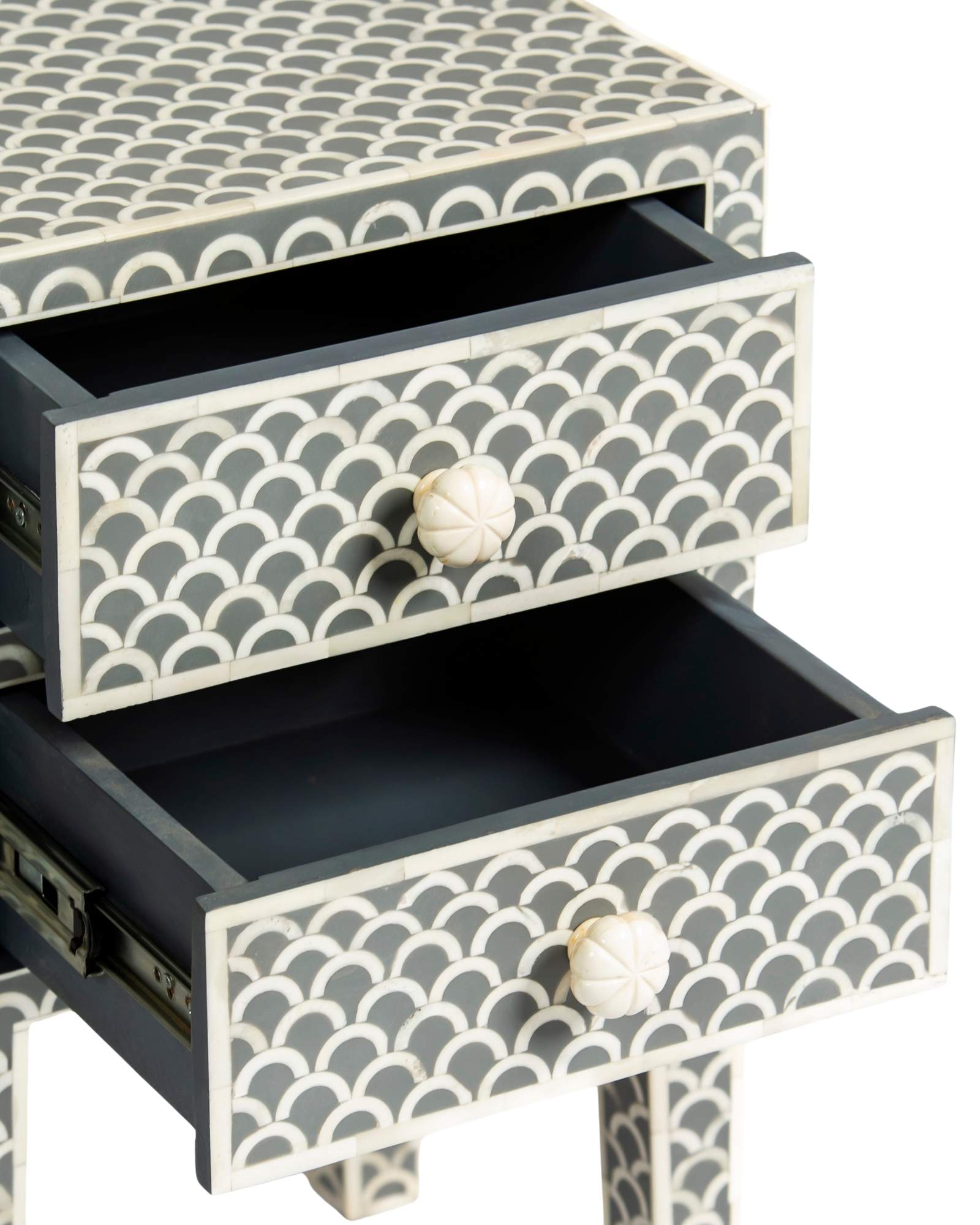 Bone inlay side drawer featuring scallop pattern in grey and white, handcrafted furniture piece