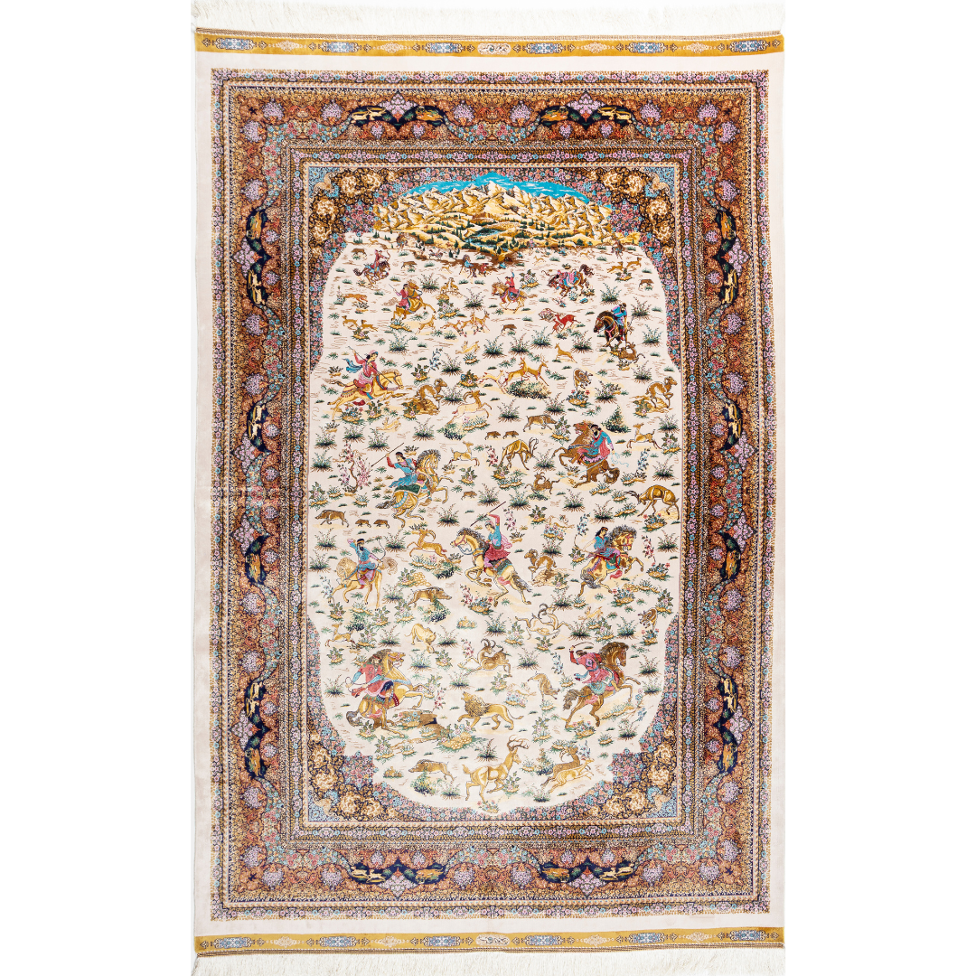 Silk Persian rug with an ivory base, colorful hunting scene, and a detailed border in plum, gold, teal, and indigo floral patterns.